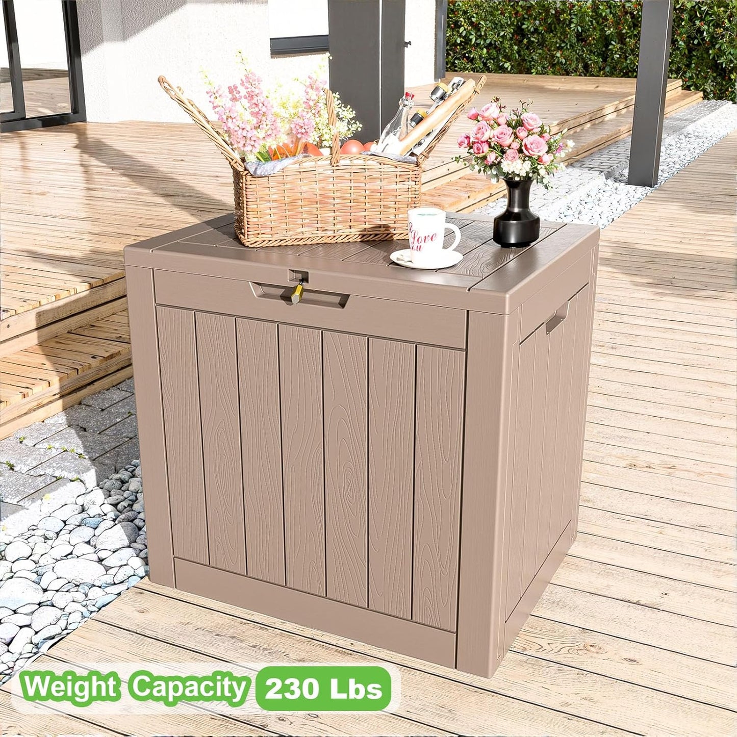 30 Gallon Outdoor Deck Box,Storage Lockable Waterproof Patio Furniture,Garden Tools,Cushions,Pool Accessories Outside Storage Resin Box(Grey)