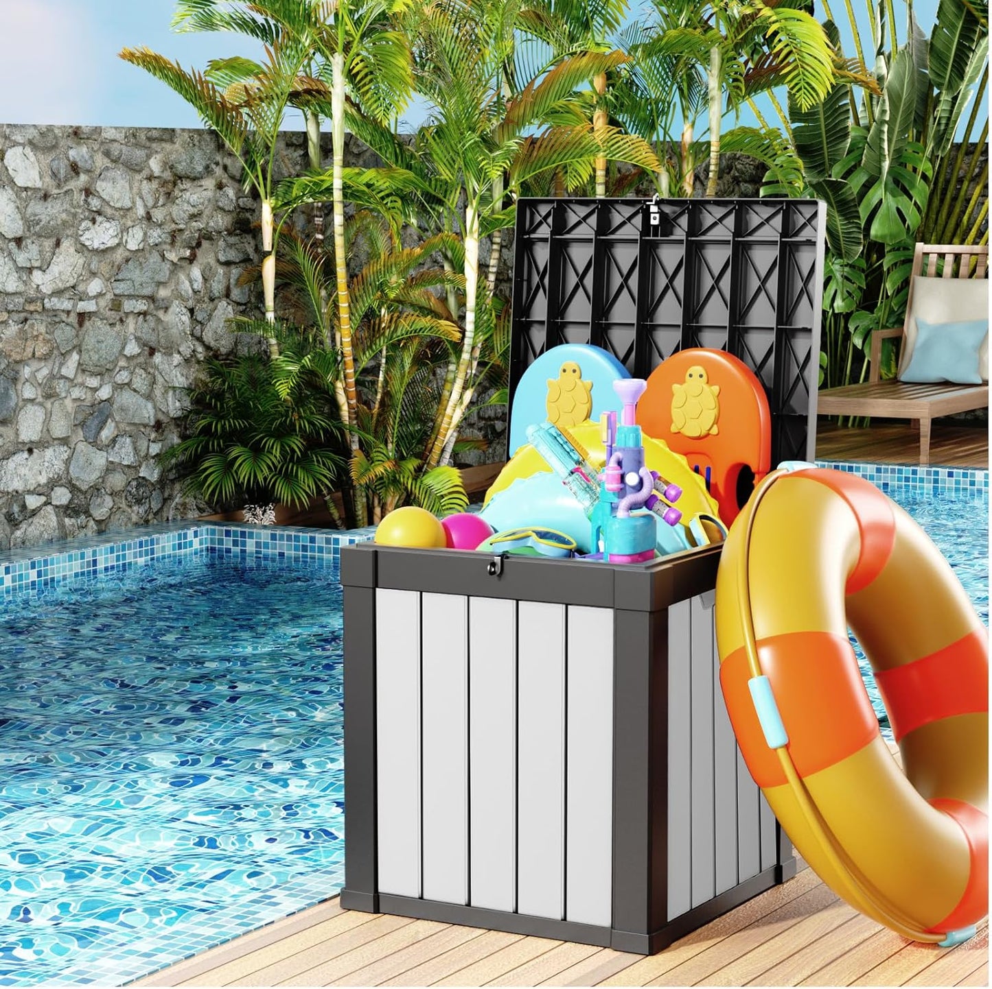 40 Gallon Resin Deck Box, Lockable Patio Outdoor Storage Box for Furniture, Garden Tools and Tools Storage, Waterproof Outside Storage Boxes - Black&White