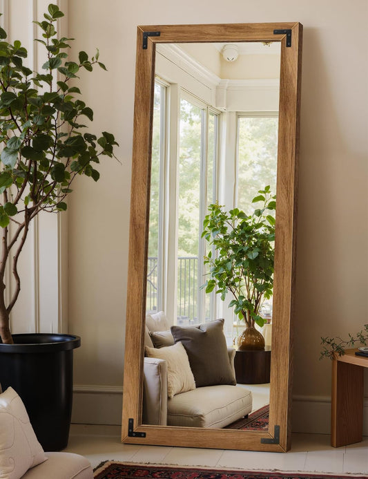 Full Length Mirror with Wooden Frame, 56"X22" Solid Wood Standing Floor Mirror for Farmhouse, Bathroom, Bedroom Decor, Hanging or Leaning Wall-Mounted