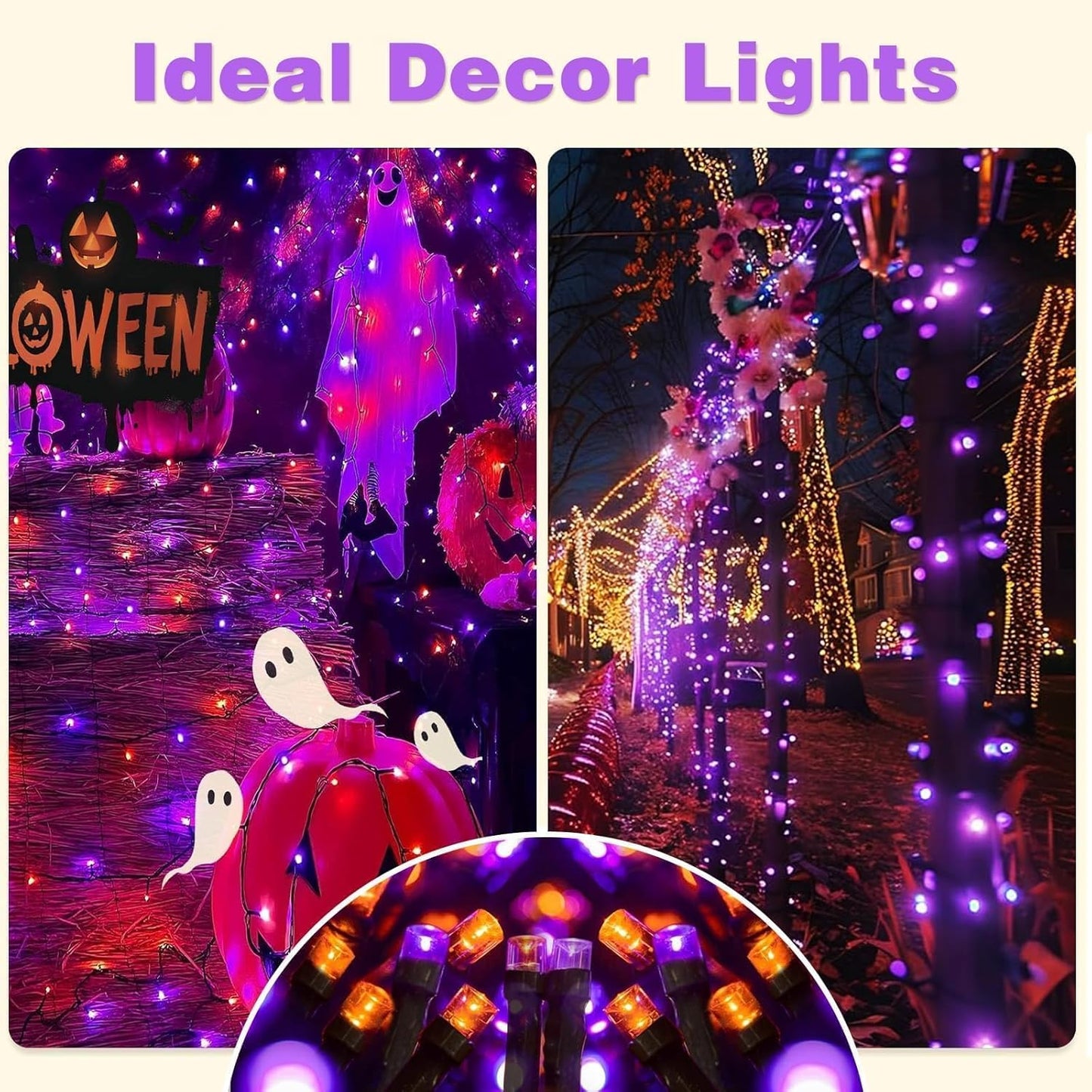 6-Pack Solar String Lights, 600 LED Extra-Long 236Ft Solar Halloween Lights Outdoor Waterproof, 8 Modes Led Halloween Light for Garden, Patio, Wedding(Purple & Orange)