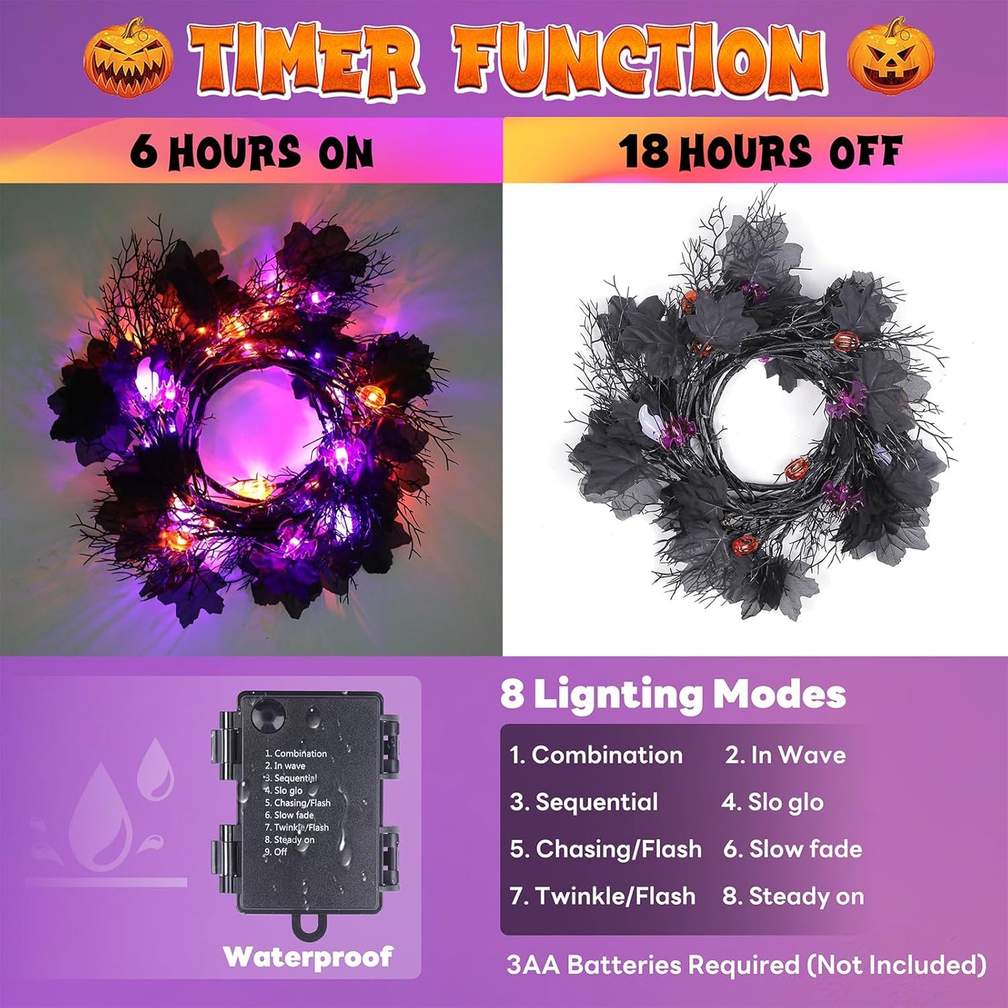 kuaima Halloween Lighted Willow Vine Twig Decor, 6.56 FT Light up Garland with Purple and Orange LED Lights for Indoor Outdoor Decor, 8 Modes, 18 Ornaments, 4 Adhesive Hooks
