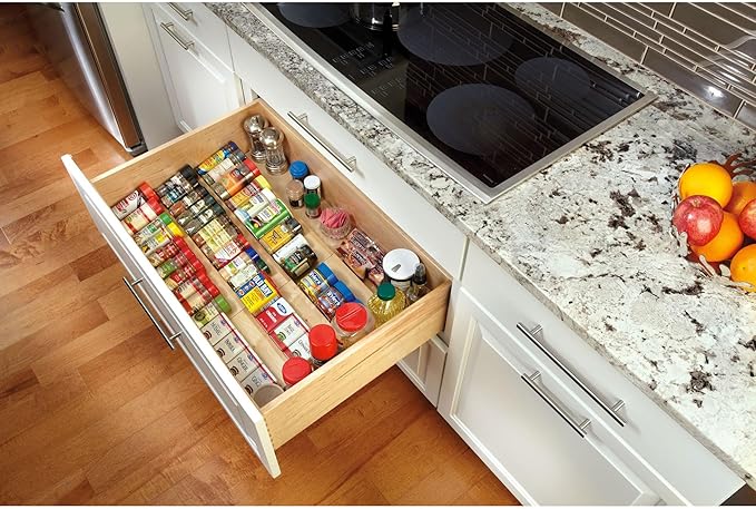 Rev-A-Shelf 22" 3 Tiered Seasoning Organizer, Trim-to-Fit Wooden Kitchen Draw and Cabinet Home Storage Insert, Pull Out Spice Rack, Maple, 4SDI-24