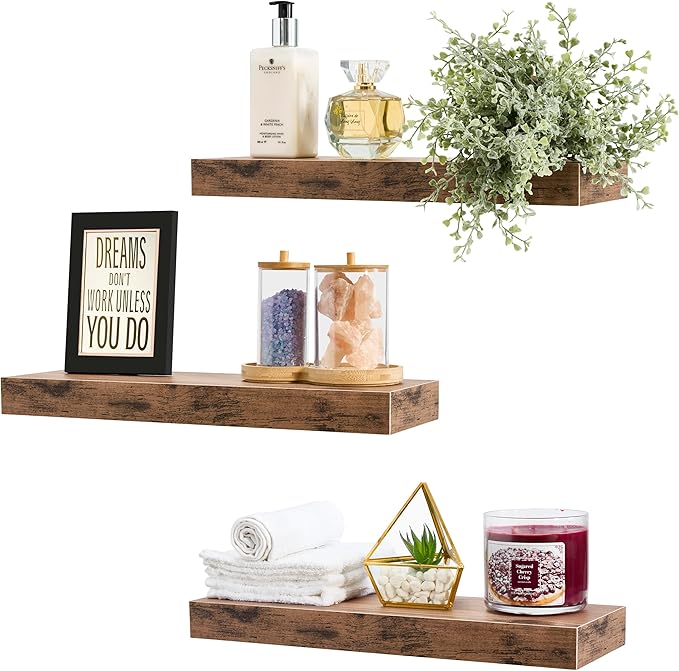 Sorbus Floating Shelves for Wall, Bathroom Shelves Wall Mounted for Kitchen, Bedroom, Bathroom Storage Over Toilet, Hanging Book Shelf for Wall Home Decor Living Room (Mahogany, 3 Pack)