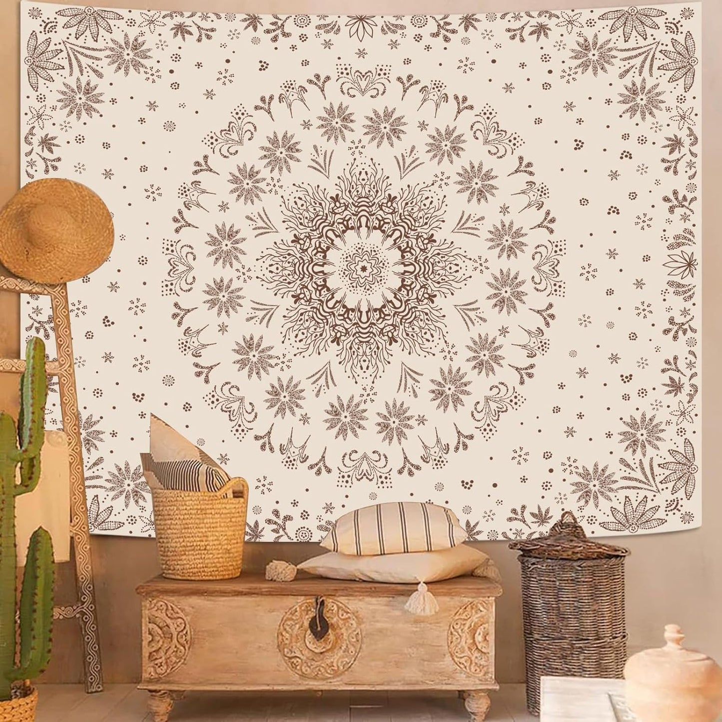 Fowocu Boho Floral Mandala Tapestry Wall Hanging Bohemian Flower Medallion Tapestry Aesthetic Beige Brown Hippie Indian Small Tapestries for Bedroom Living Room Dorm Decor 40 x 30 Inch