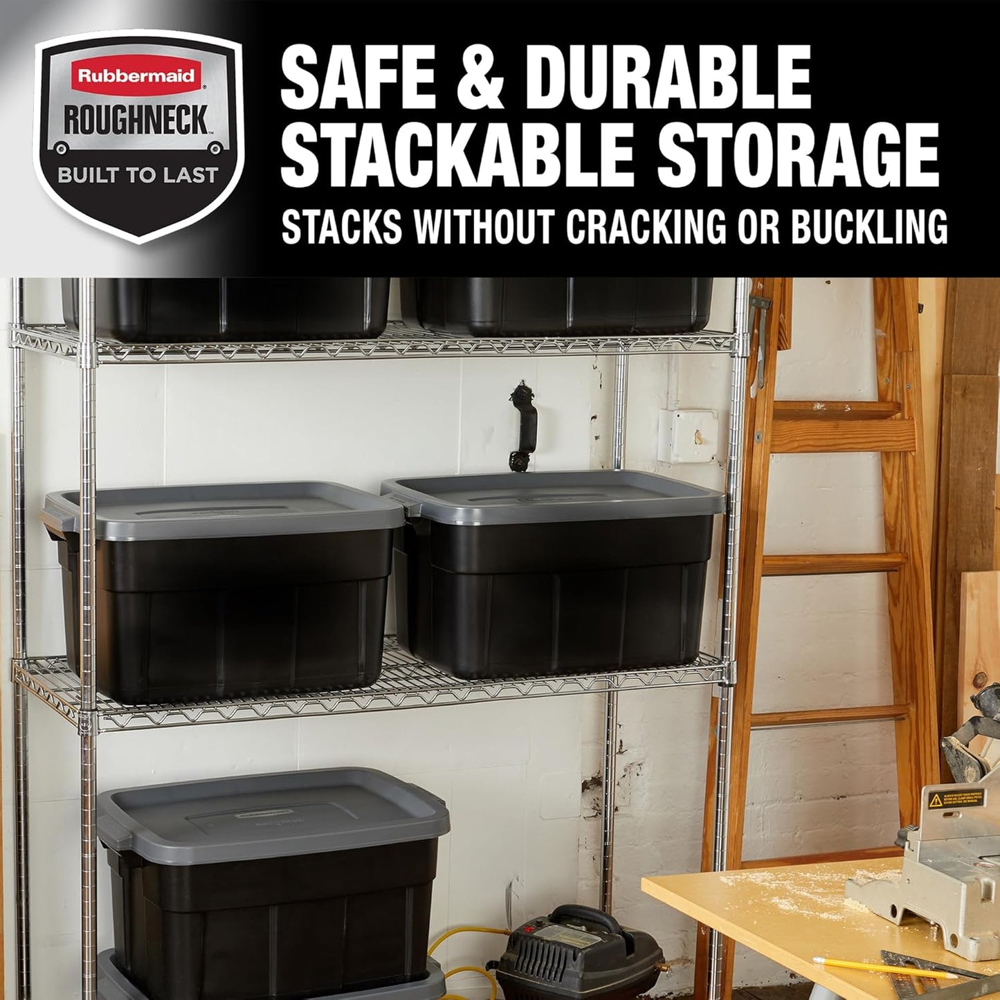 Rubbermaid Roughneck Tote 14 Gal, 6 Pack, Made in USA, Black & Gray, Rugged Plastic Stackable Storage Bins with Lids and Handles