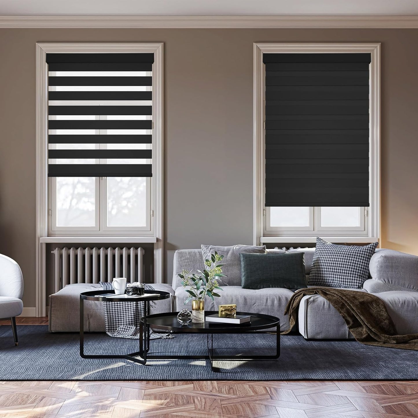 HESTIA Cordless Zebra Blinds Light Filtering Roller Shades UV Blocking Blackout Privacy Indoor Window Shades for Home Office Day and Night, Black,48" W x 54" H