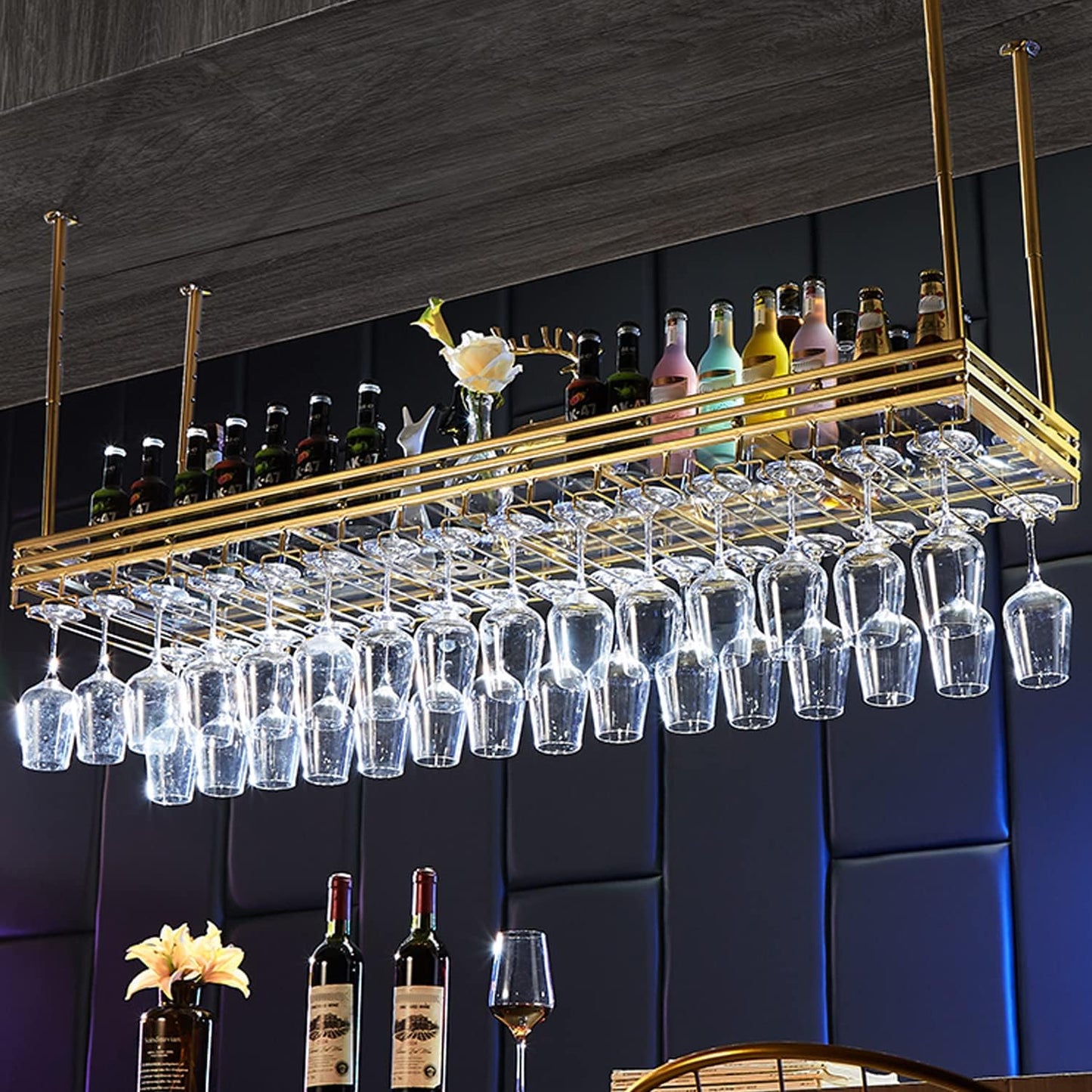 Ceiling Wine Rack&Hanging, Adjustable Hanging Wine Rack with Acrylic Board for Bar Cafe Kitche, 47''x13.8'' Iron Hanging Wine Glass Racks, Wine Bottle, Goblet Stemware Rack, Mug Rack-Gold