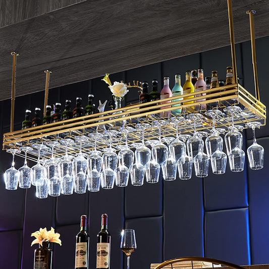Ceiling Wine Rack&Hanging, Adjustable Hanging Wine Rack with Acrylic Board for Bar Cafe Kitche, 47''x13.8'' Iron Hanging Wine Glass Racks, Wine Bottle, Goblet Stemware Rack, Mug Rack-Gold