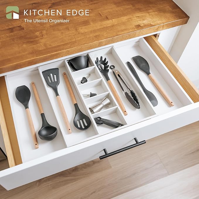 Adjustable Kitchen Drawer Organizer for Utensils and Junk, Food-Safe Contract Grade with 100% Sustainable Wood, Expandable from 16 to 28 Inches Wide - White Bamboo
