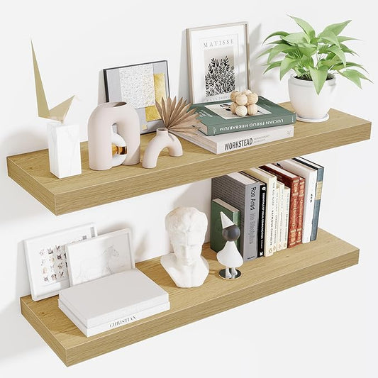Fun Memories Floating Shelves for Wall 36 Inches, Wood Shelves with Invisible Bracket, 10" Deep Shelves Wall Mounted, Large Wood Floating Shelves for Living Room Bathroom, Oak, Set of 2