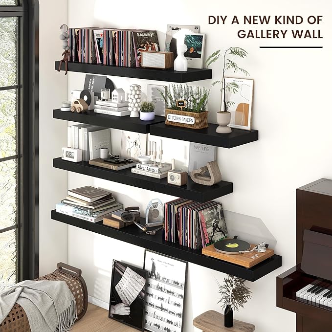 Floating Shelves for Wall, Large Wall Mounted Shelves with Invisible Brackets, Long Wood Floating Shelf for Living Room, Bedroom, Kitchen, (Black, 72" W x 9" D x 1.5" H)