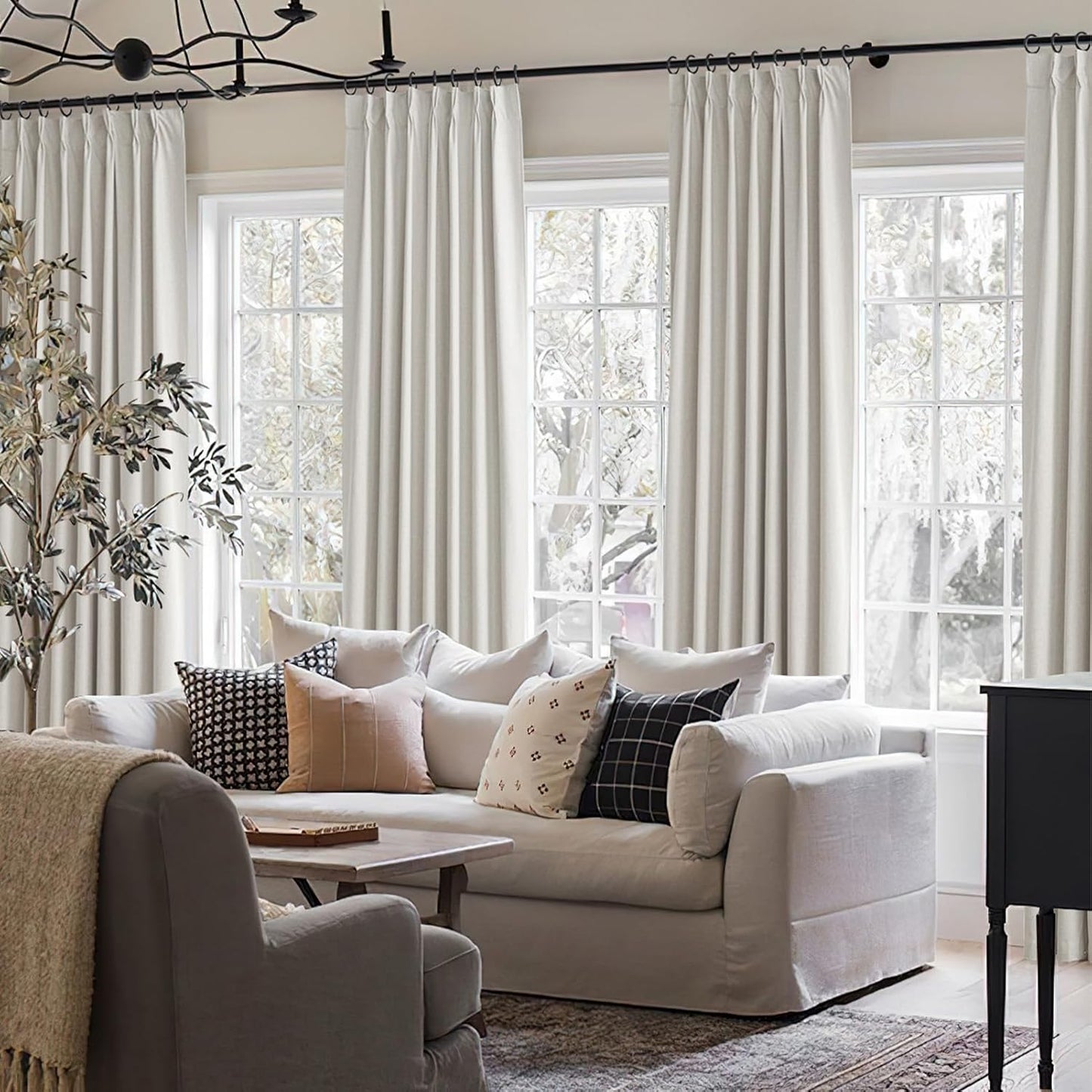 8-3/4FT Extra Long Curtains for Bedroom, Lush Decor 105 Inch Linen Blackout Light Blocking Nursery Window Curtains 2 Panels Burg Textured Back Tab&Pinch Pleated Drapes with Hooks Birch (40"x105")
