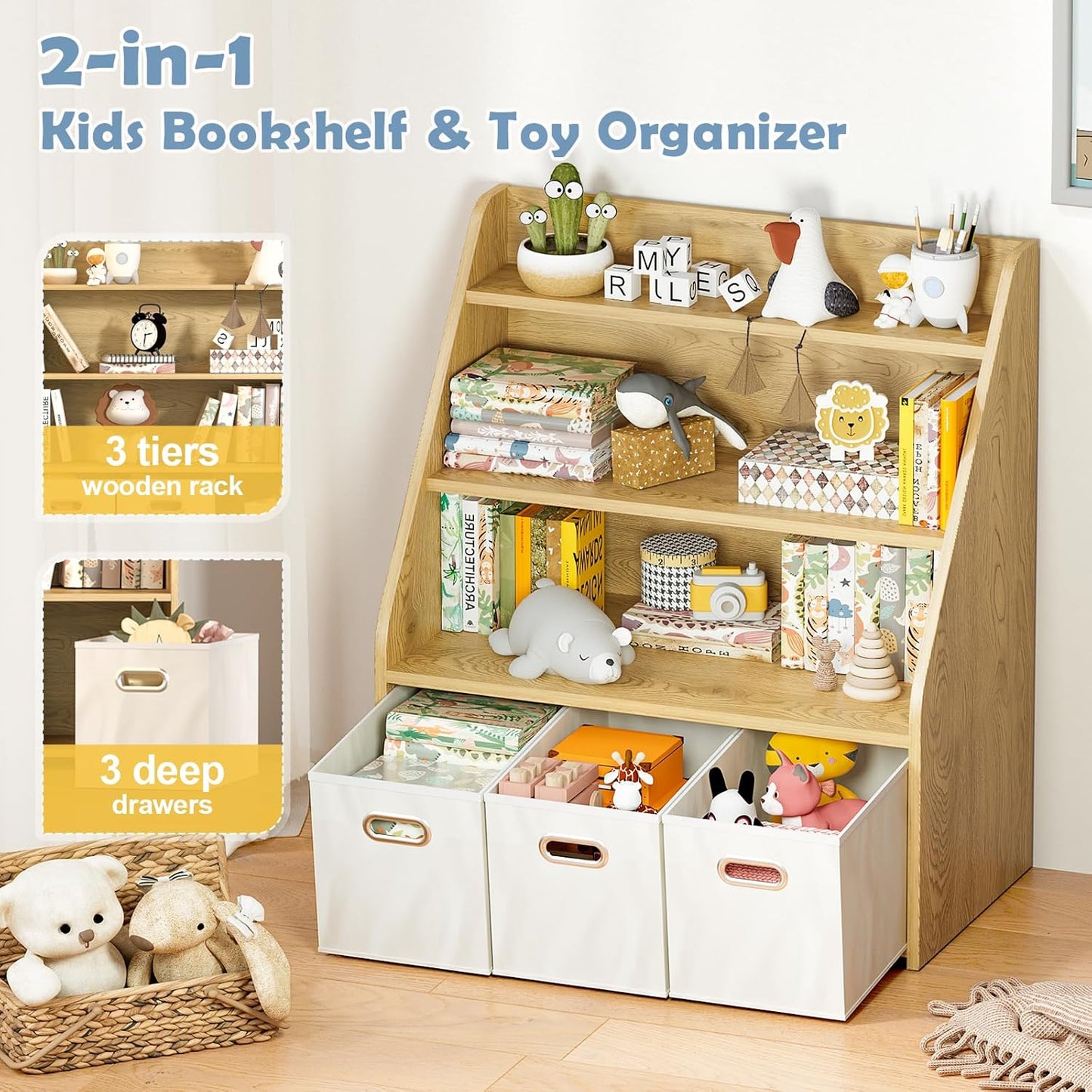 Kids Bookshelf and Toy Organizer, Wooden Kids Bookcase, Toddler Montessori Bookshelf with 3 Movable Drawers, Toy Storage Organizer for Kids Room, Living Room, Nursery