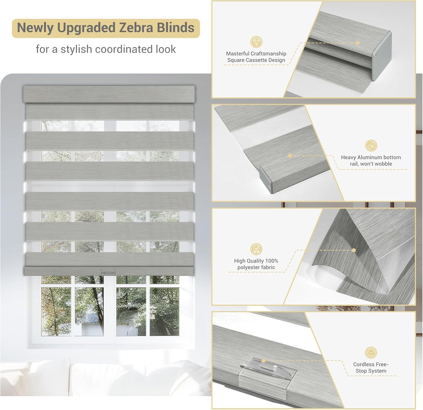 Cordless Zebra Blinds for Windows, Blackout Interior Blinds,Easy to Install,UV Protection,for Offices and Home,Custom Roller Shades, Mousse Light Grey,55" W x 56" H