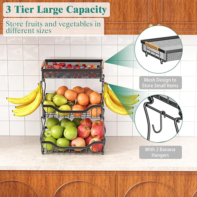 Giwil 3 Tier Countertop Fruit Mesh Basket for Kitchen, Vegetable Storage Bread Fruit Bowl Stand with 2 Banana Hooks, Wall Mounted Metal Wire Basket Organizer for Potato Onion, Black