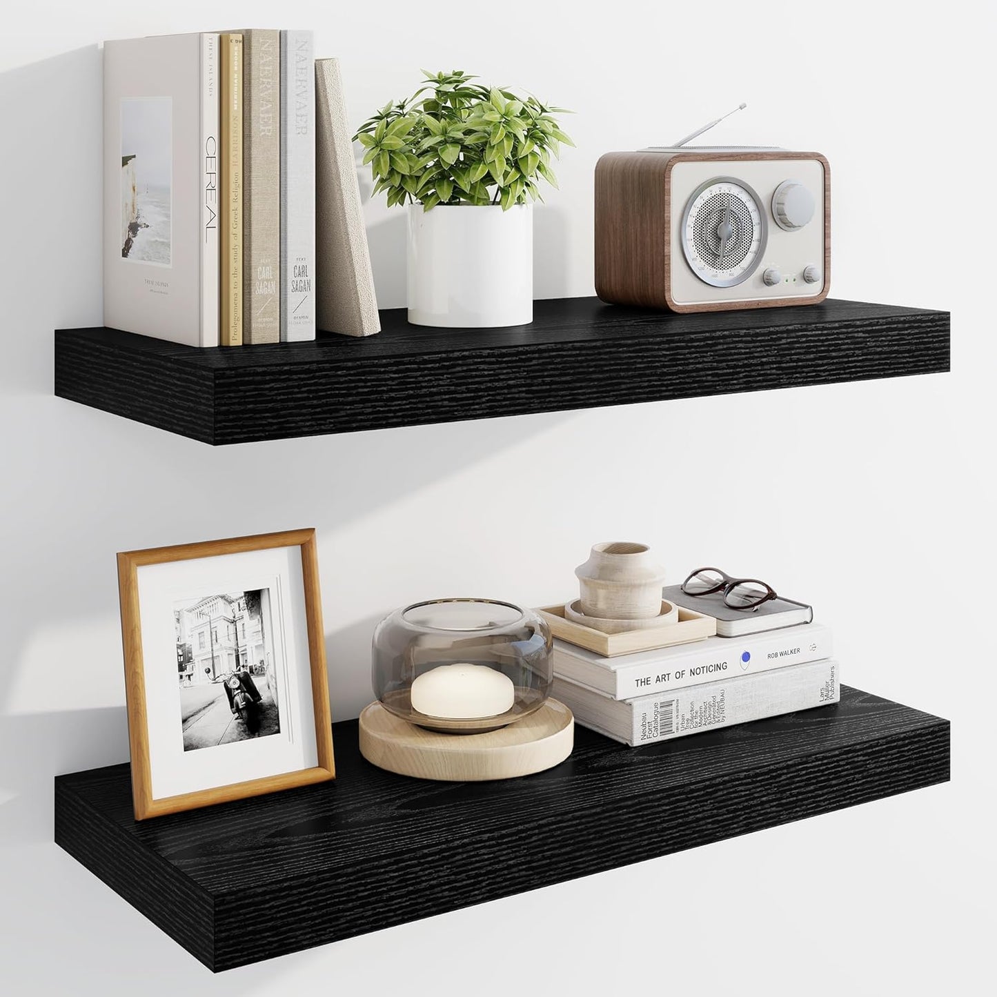 Marsmiles 24" Floating Shelves for Wall, Wooden Shelves with Invisible Brackets Set of 2, Rustic Farmhouse Wall Mounted Shelf for Kitchen Bathroom Living Room Study, Black