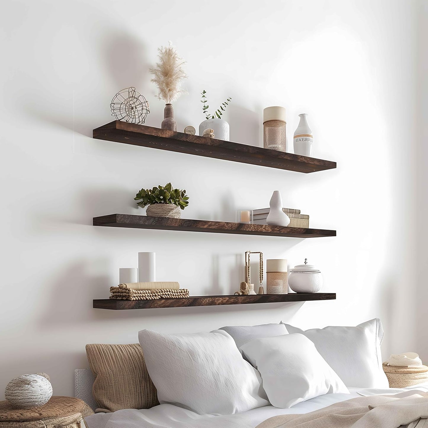 Wood Floating Shelves for Wall Decor, Rustic Wall Shelves for Bedroom Bathroom Kitchen Living Room, Set of 4 Walnut 36 Inch