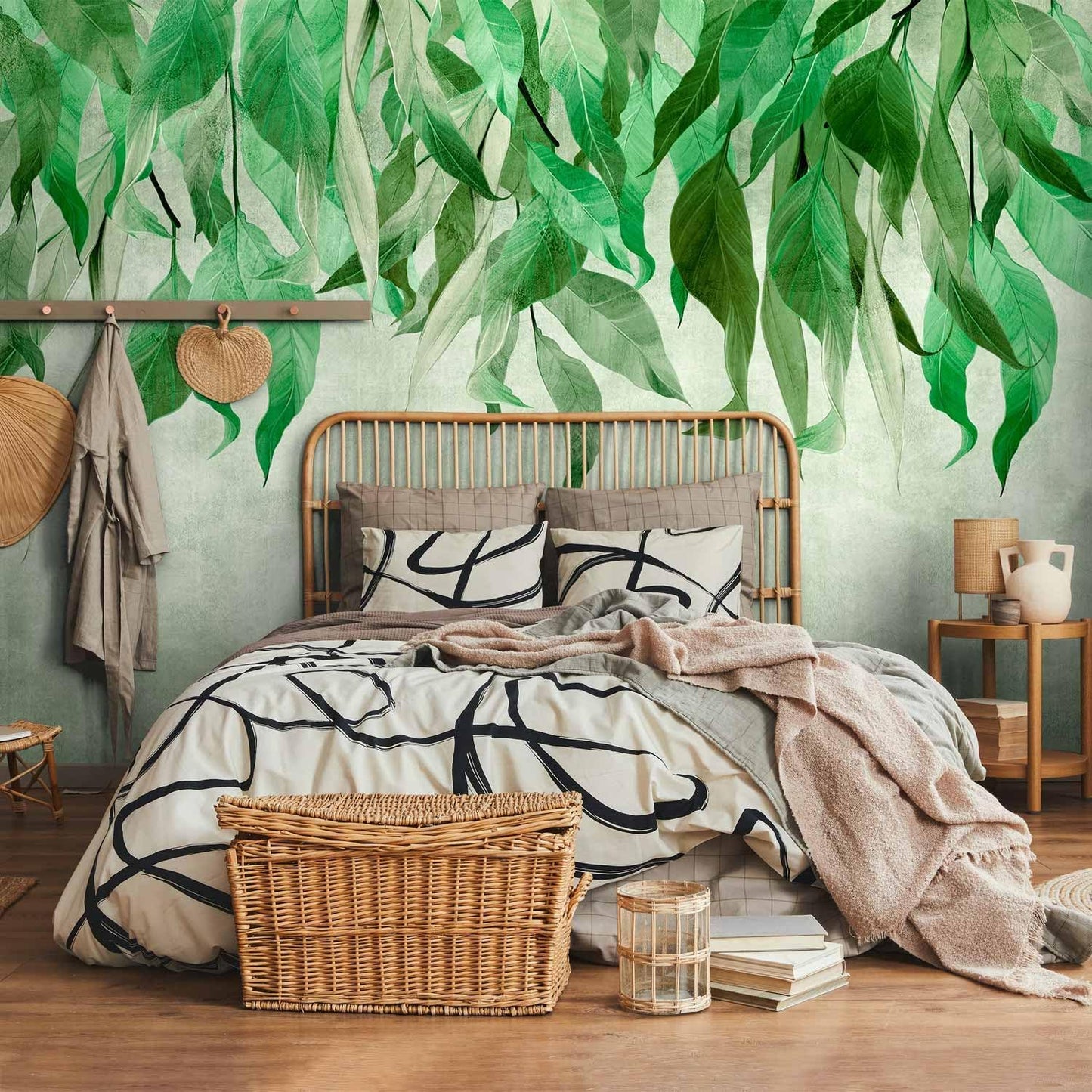 artgeist Premium Wall Mural Hanging Leaves 138x101 in - Non-Woven Wallpaper Fleece Wall Decor Photo Print Picture Image Design Nature Botanical Concrete Green Like Painted b-C-10146-a-a