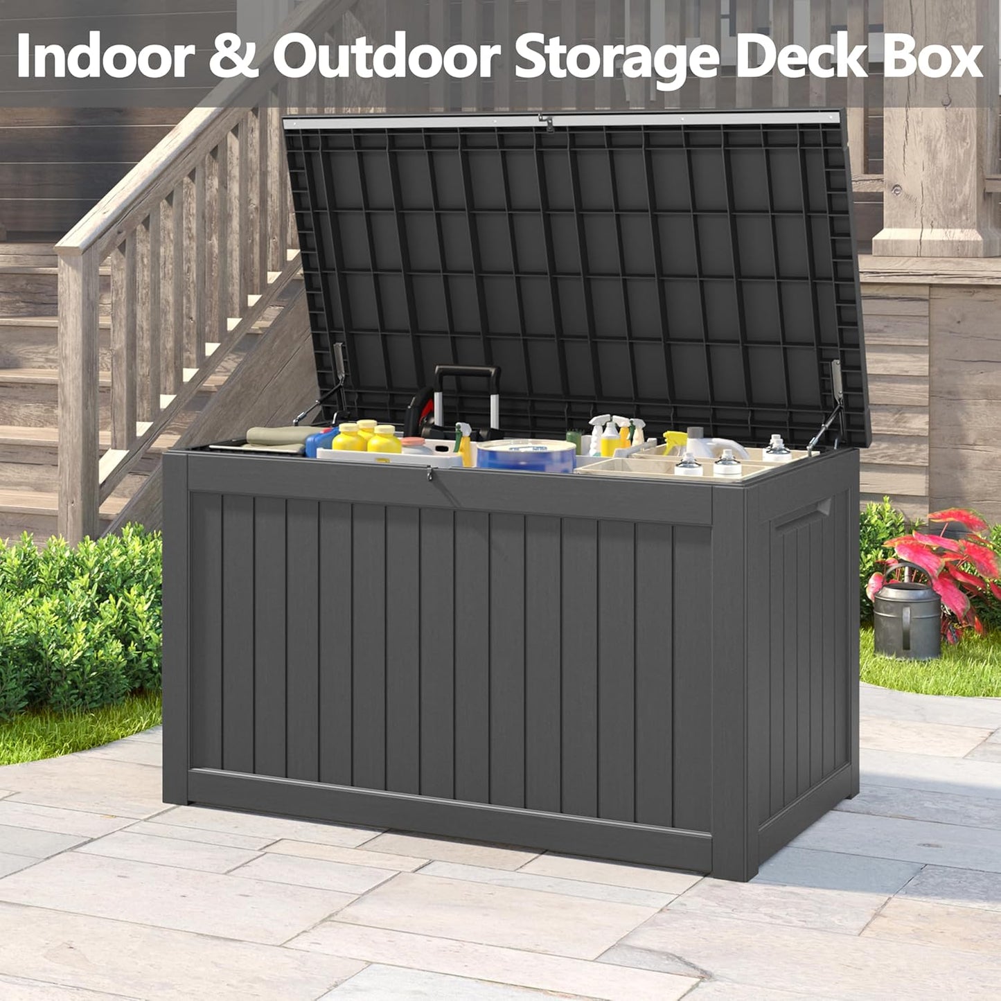 KAMABOKO 230 Gallon Outdoor Storage Box, Resin Deck Boxes Indoor and outdoor, Waterproof Storage Box Lockable Lid for Garden Tools, Package Delivery, Patio Cushions, Black
