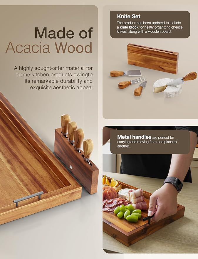 Acacia 30 Inch Large Charcuterie Board with Cheese Knife Set of 4 – Acacia Wood Serving Tray With Handles, Long Charcuterie Board, Large Charcuterie Boards for Party, Wooden Cheese Board