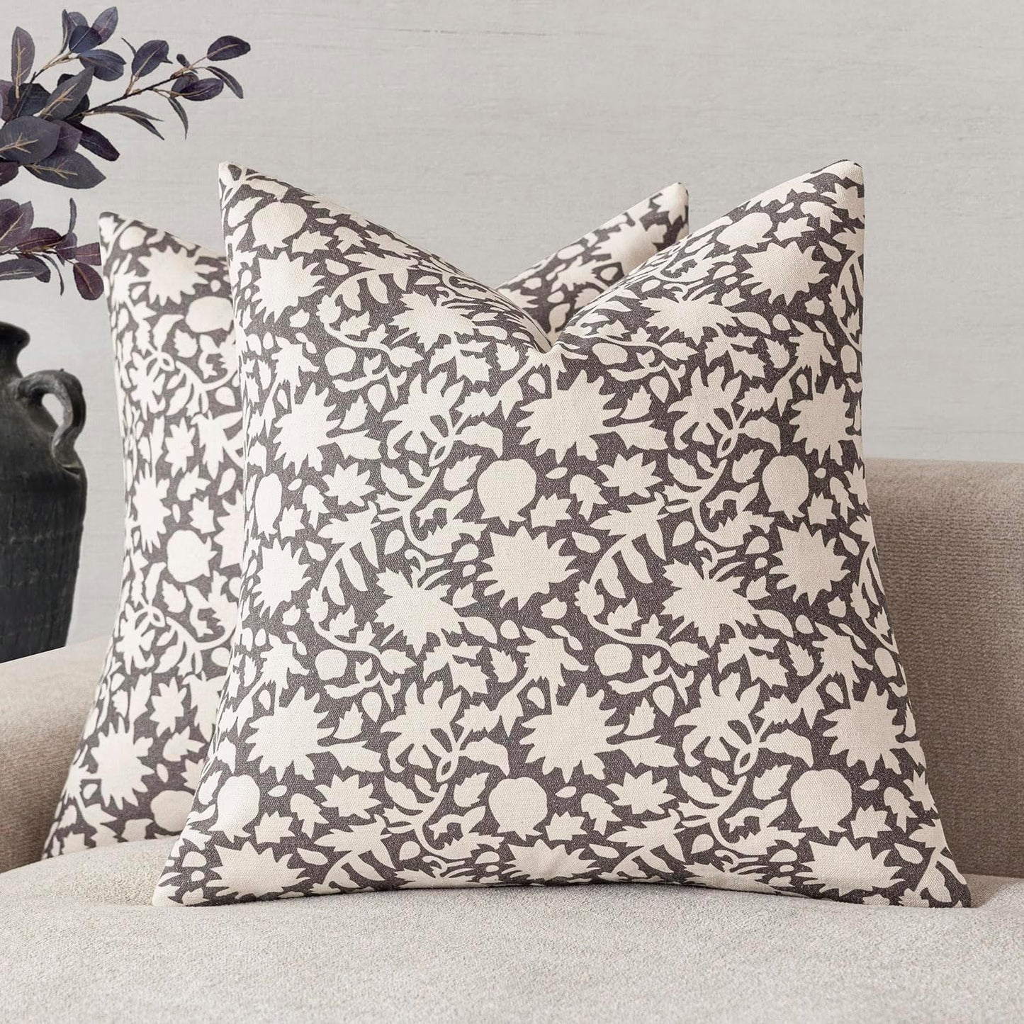 Foindtower Set of 2 Decorative Neutral Floral Throw Pillow Covers Accent Farmhouse Cushion Covers Boho Vintage Pillowcase for Couch Sofa Bedroom Living Room Home Decor Outdoor,18×18 Inch,Rustic Gray