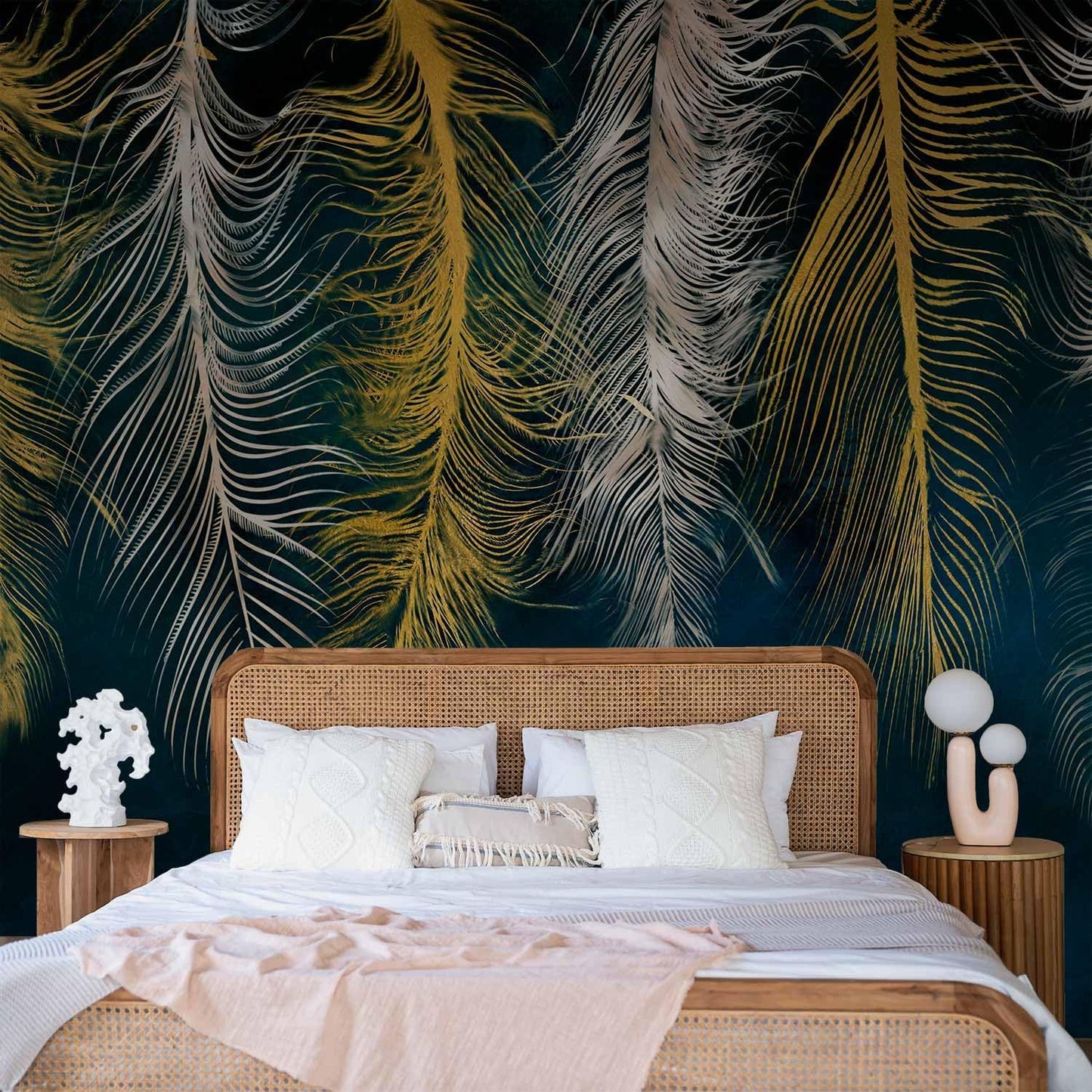artgeist Premium Wall Mural Feather 177x124 in - Non-Woven Wallpaper Fleece Wall Decor Photo Print Picture Image Design Landscape Abstract Beige Navy Blue b-A-0812-a-a
