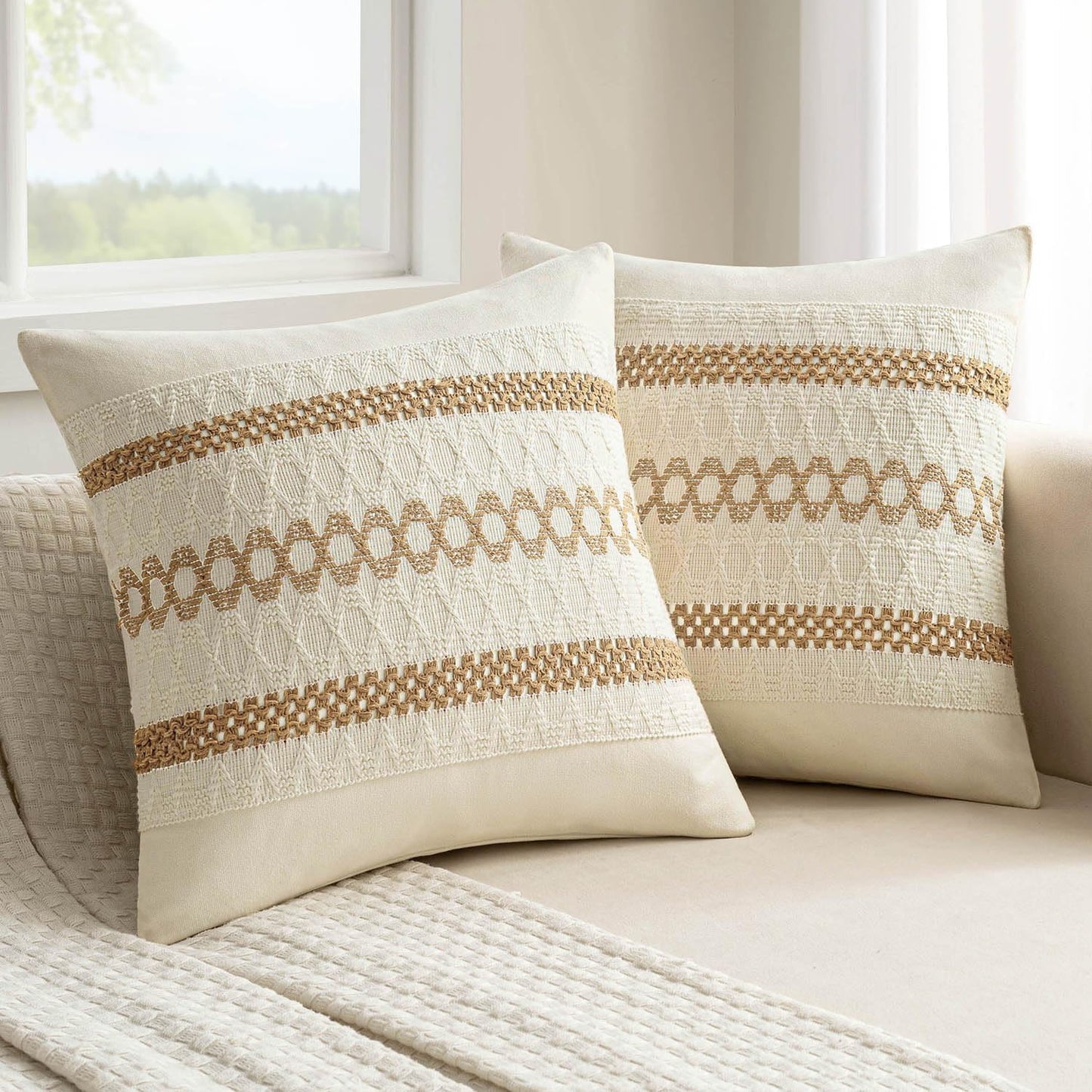 MIULEE Set of 2 Neutral Boho Decorative Pillow Covers 20x20 Inch Farmhouse Rustic Couch Throw Pillows Modern Spring Cotton Cushion Covers Retro Cute Macrame Woven Home Decor for Bed Sofa Chair