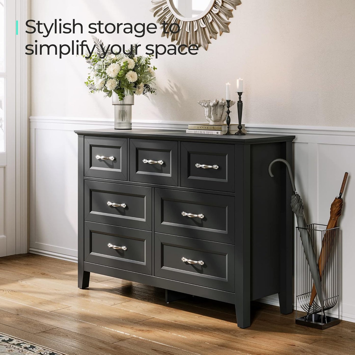 LINSY HOME Farmhouse 7 Drawers Dresser Chests for Bedroom, Wood Dresser Wide Chest of Drawers, Storage Dressers Organizer for Bedroom, Living Room,Hallway, SGS Certified
