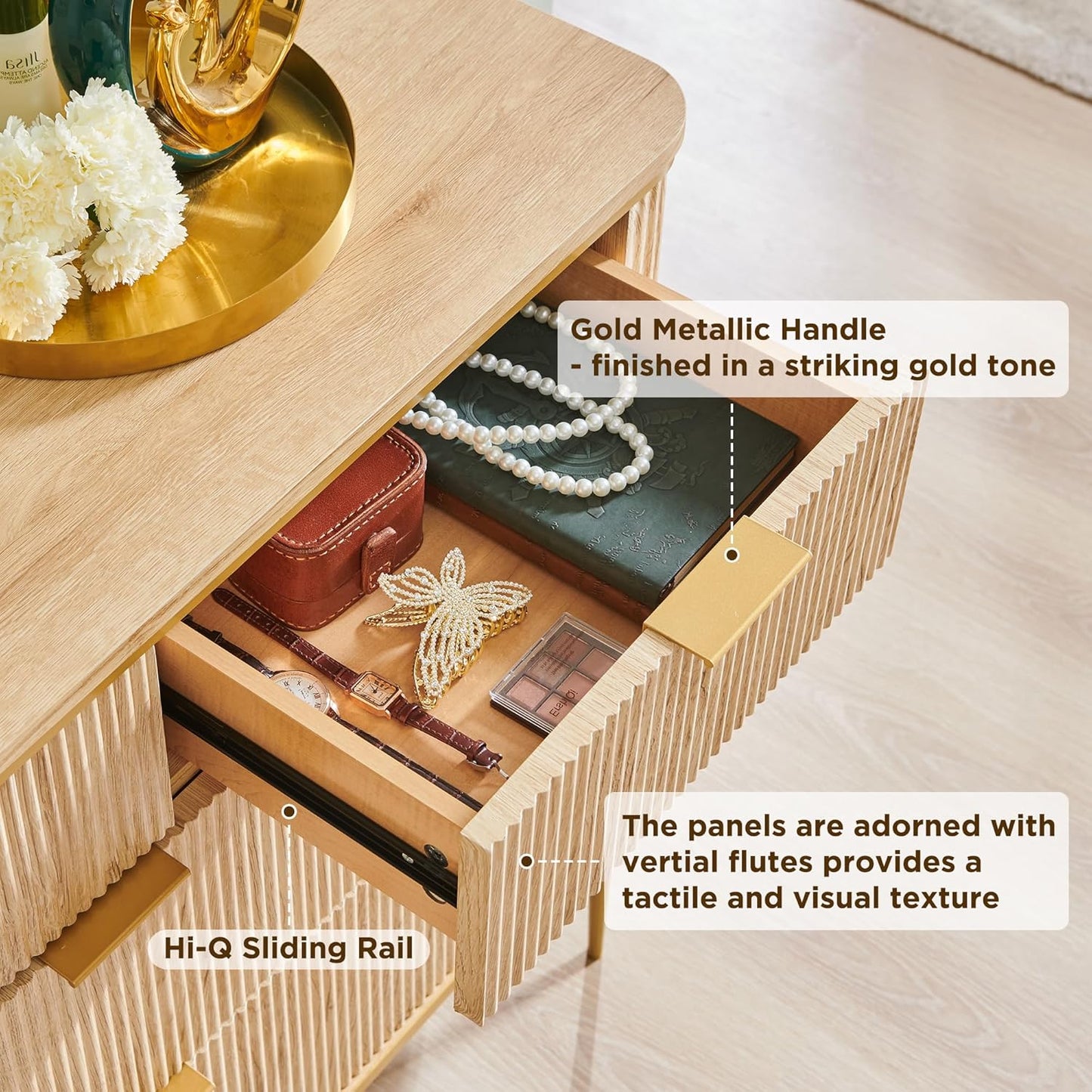 T4TREAM Fluted 7 Drawers Dresser for Bedroom, 54" Wide Modern Dresser TV Stand, Gold Accents, Fluted Fronts, Wood Storage Dressers Organizer for Bedroom, Living Room, Natural Oak