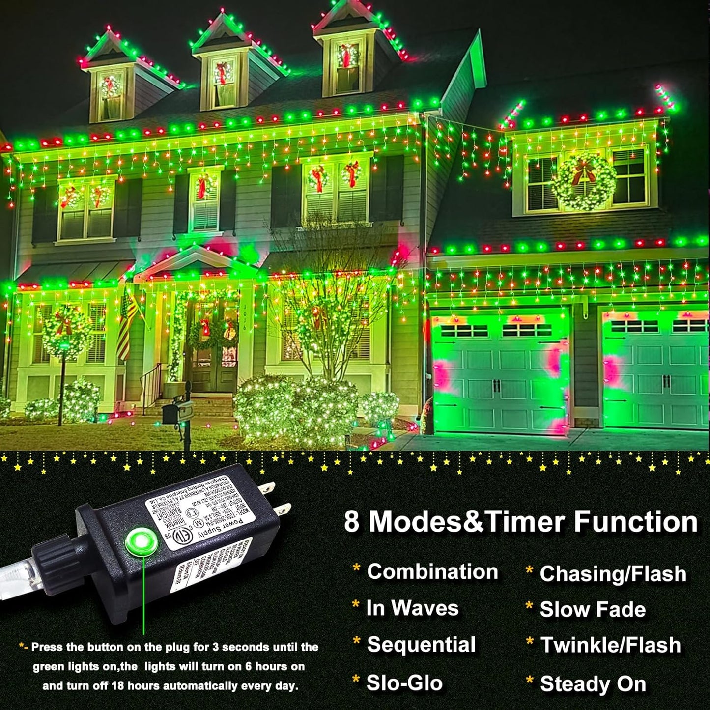 Icicle Lights for Outside, 33ft 400 LED Red and Green Christmas Lights 8 Modes with 75 Drops, Waterproof Christmas Icicle Light Outdoor Plug in for Indoor Party Holiday Halloween Decorations