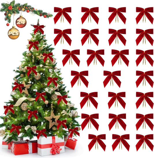 Burgundy Velvet Bows for Christmas Tree Decorations, 24 Pcs Premium Velvet Ribbon Bows, Christmas Tree Ornaments for Xmas Wreaths, Gift Toppers & Holiday Home Decor(1" Width, 3.5x3.5 Inch)
