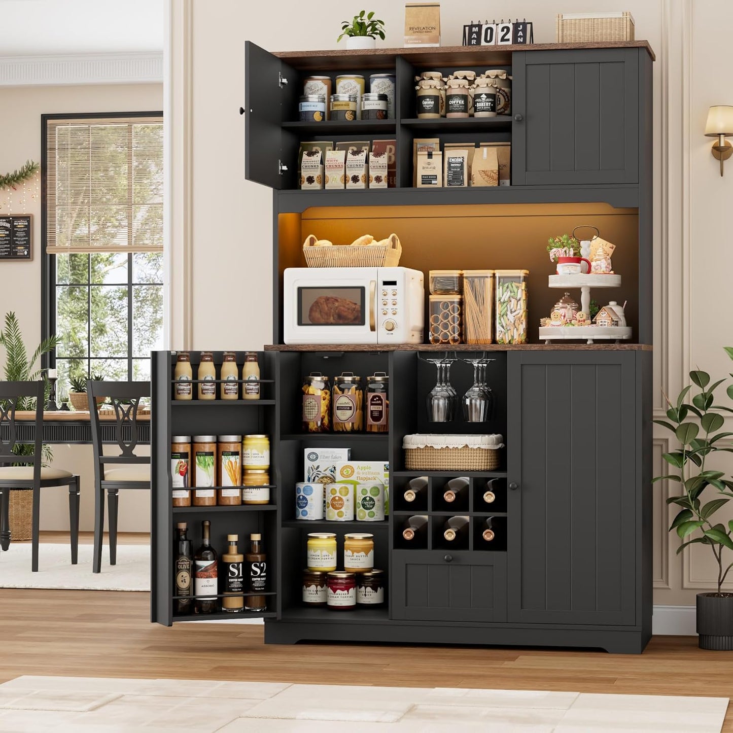 FINETONES 71" Pantry Cabinet with LED Light and Charging Station, Kitchen Pantry Cabinet with Microwave Stand, Kitchen Hutch Food Storage Cabinet with Outlet and Wine Racks, Black