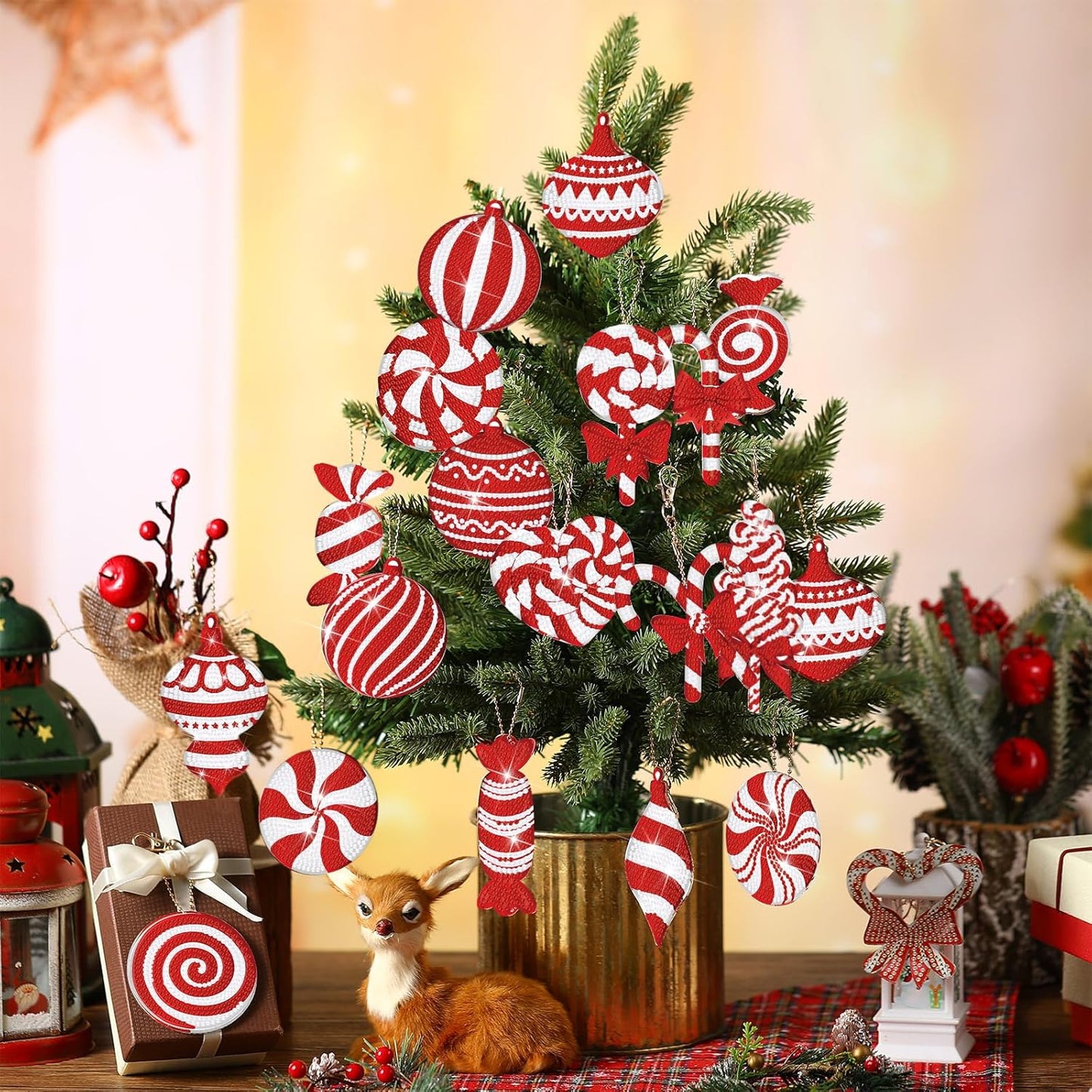 Tondiamo 20 Pcs Christmas Diamond Painting Keychain Kits 5D DIY Diamond Art Pendants Double Sided Hanging Key Chains for Christmas Party Decoration DIY(Cane Style)