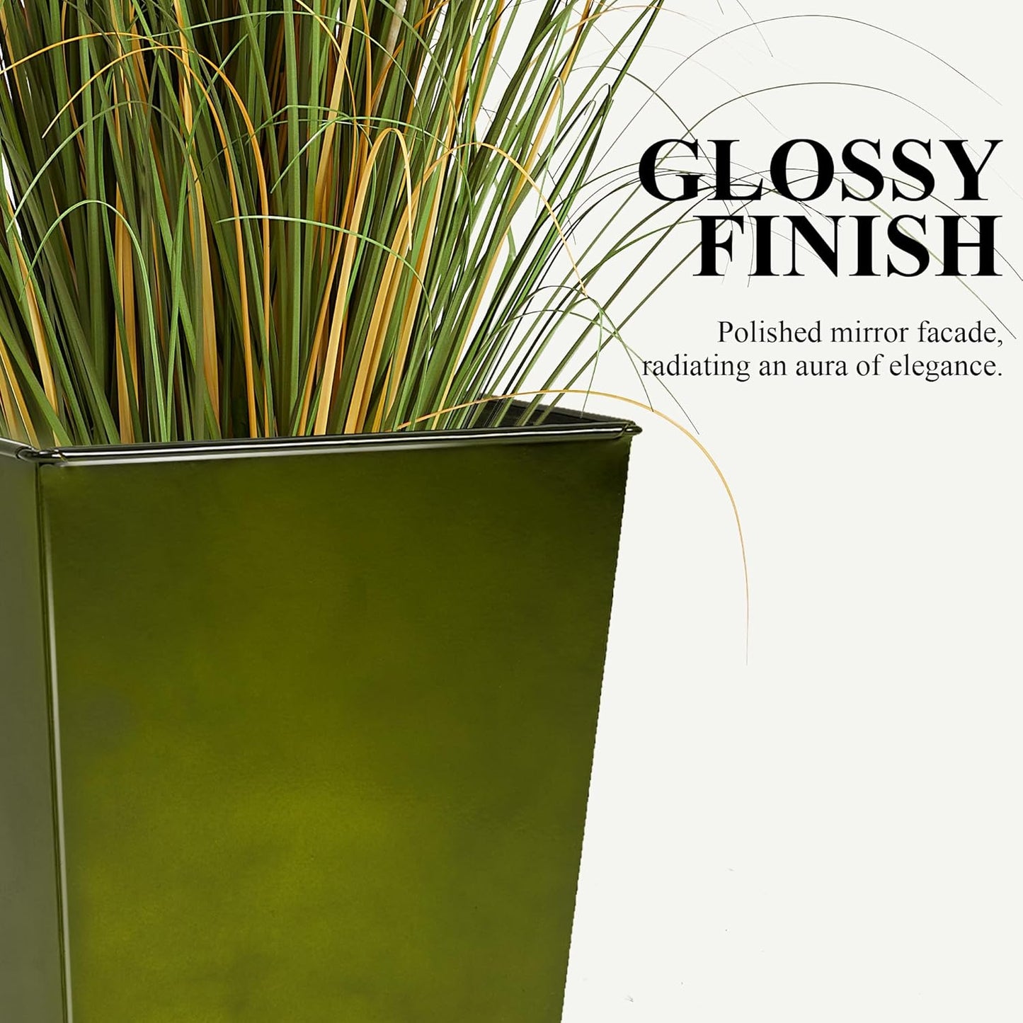 WORTH Garden 28" Large Metal Glazed Planter Set of 2, Luxurious Glossy Finish Green Tall Square Tapered Steel Plant Pots, Decor Flower Pot Indoor & Outdoor, Drainage Hole & Dual-Purpose Plant Saucer