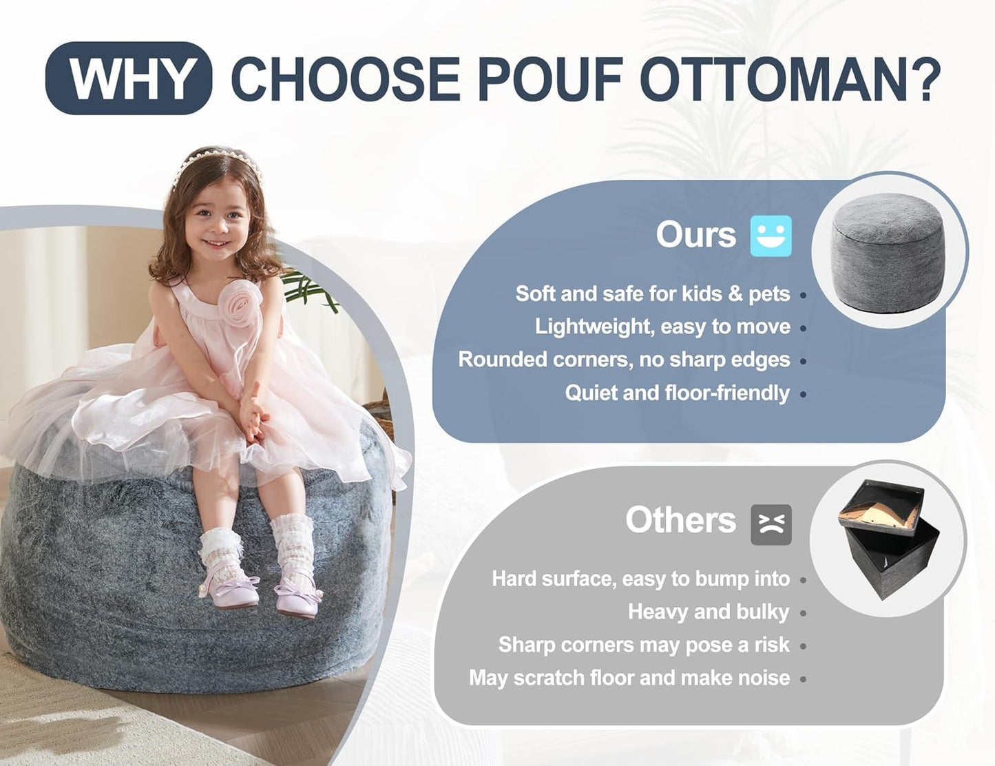 Boho Ottoman Living Room Furniture 20"x15" Round Ottomans Pouf Couch Foot Rest Navy Pouf Ottoman Foot Rest with Foam Chunk Filling Pouffe Ottomans Stuffed Foot Rests Poufs for Couch