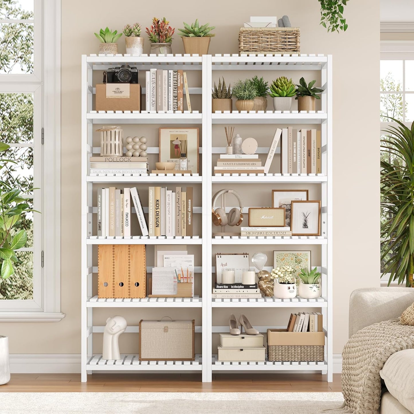 FOTOSOK 6-Tier Bamboo Shelf Set of 2, Bamboo Bookcase with Adjustable Shelves, Free Standing Storage Shelf Unit Plant Flower Stand, Tall Large White Bookshelf for Kitchen, Bathroom, Home Office, White