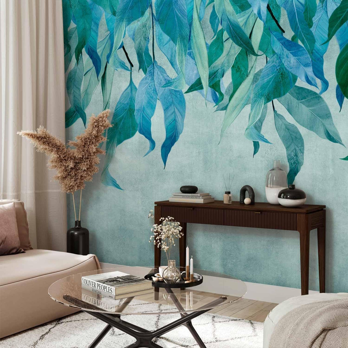 artgeist Premium Wall Mural Hanging Leaves 157x110 in - Non-Woven Wallpaper Fleece Wall Decor Photo Print Picture Image Design Nature Botanical Concrete Green Blue b-C-10146-a-b