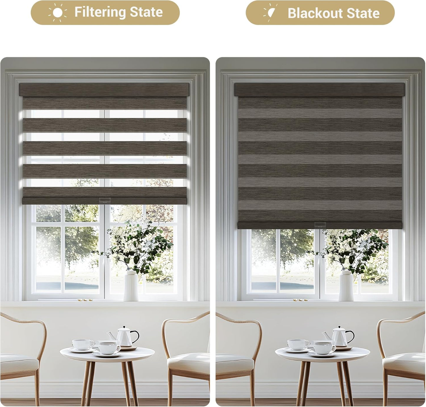 Cordless Zebra Blinds for Windows, Blackout Interior Blinds,Easy to Install,UV Protection,for Offices and Home,Custom Roller Shades, Mousse Dark Bown,36" W x 80" H