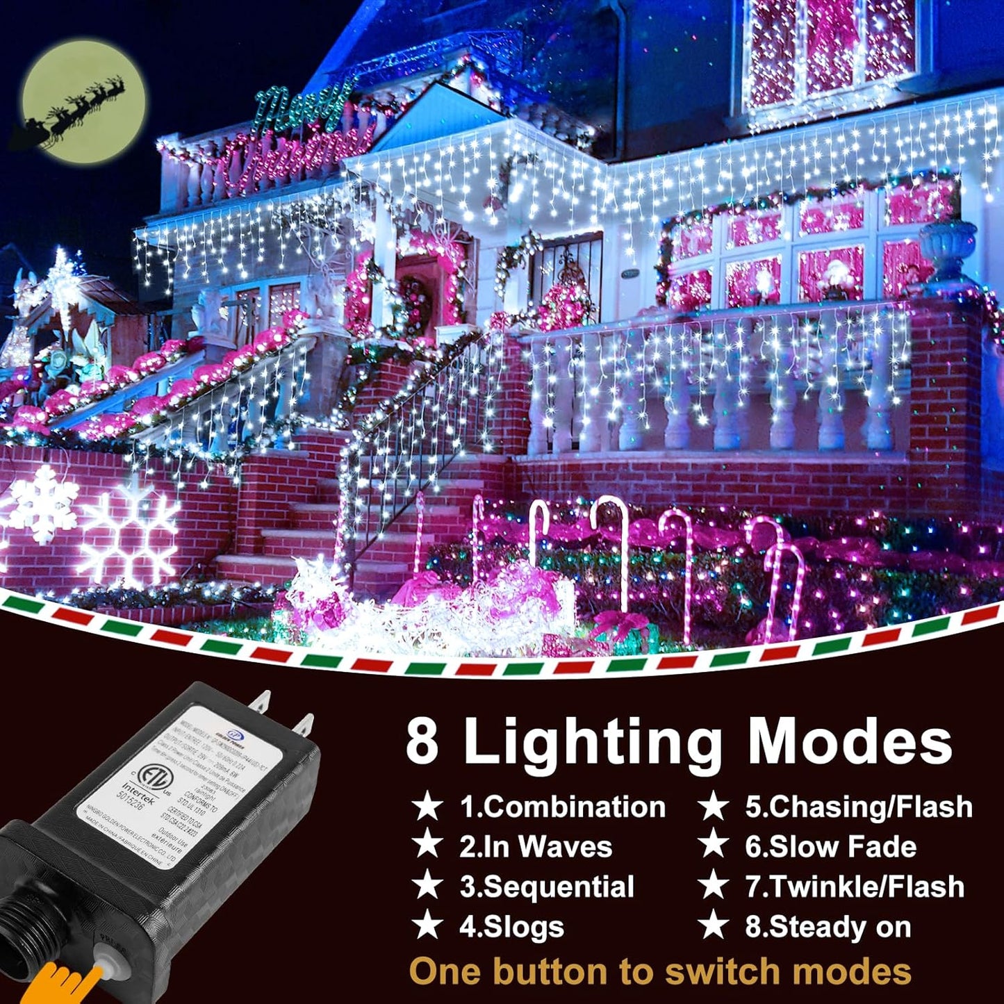 KNONEW 99FT 1216 LED Christmas Lights Outdoor Decorations 8 Modes White Curtain String Light with 228 Drops, Clear Wire LED String Light Indoor Decor for Wedding Party Holiday Christmas