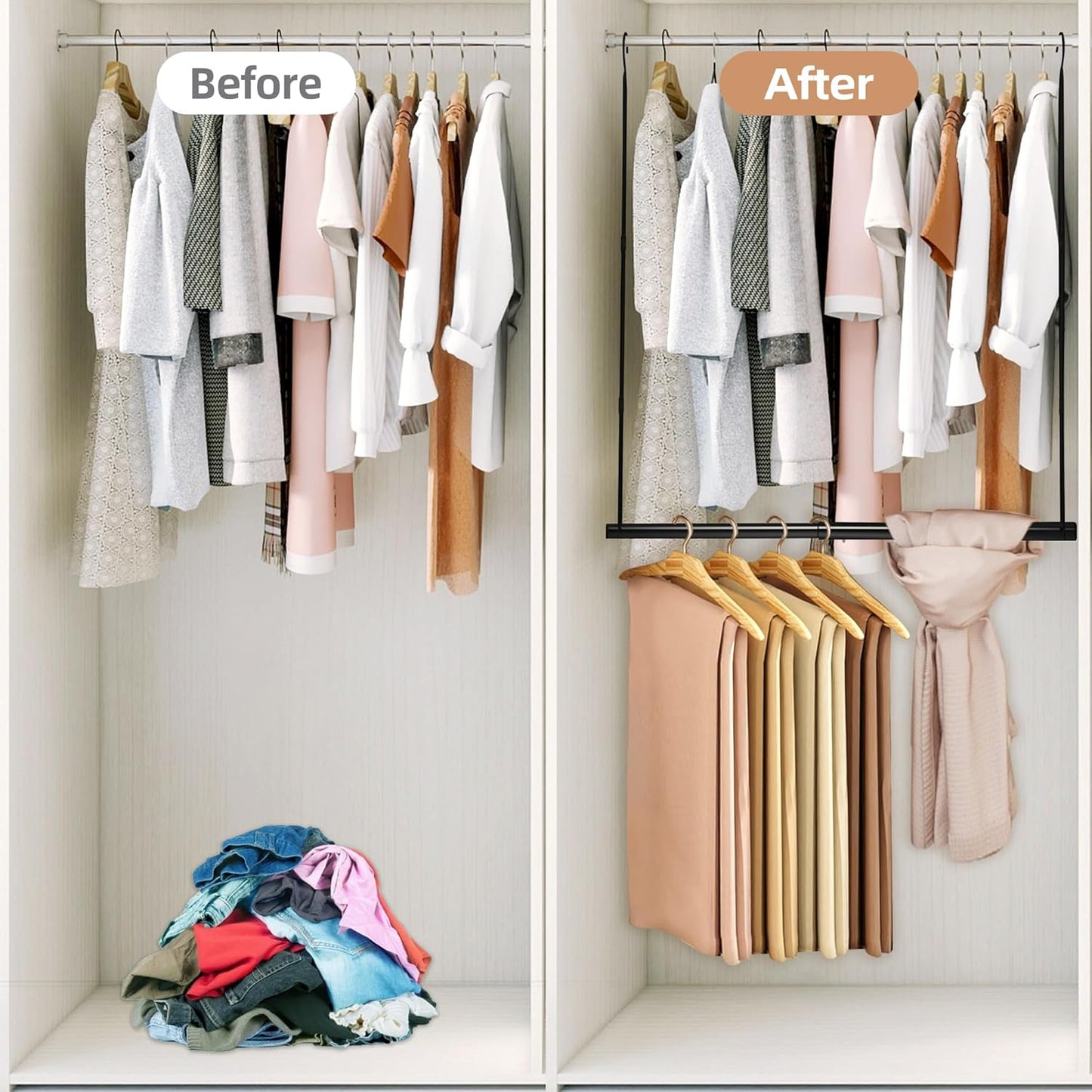STORAGE MANIAC Hanging Closet Rod, Adjustable Width and Height Closet Hanging Organizer, Space-Saving Clothes Hanging Bar, Closet Extender Hanging Rod Double Closet Hanging Rod, 1 Pack Black