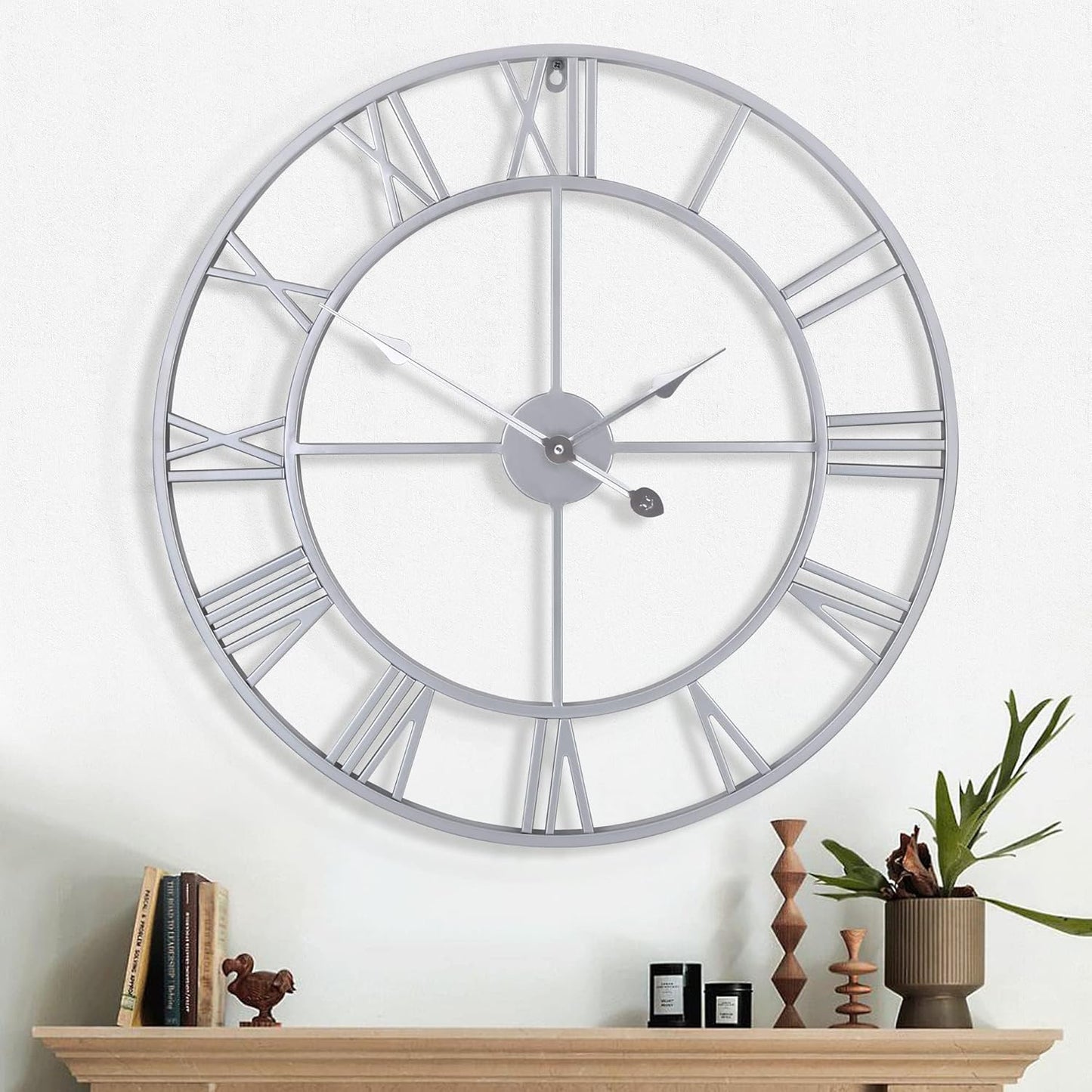 Wall Clock For Living Room Decor - 24 Inch Silent Non-Ticking Decorative Large Wall Clock, Battery Operated Vintage Retro Roman Numerals Metal Silver Wall Clock for Farmhouse, Kitchen, Bedroom Office