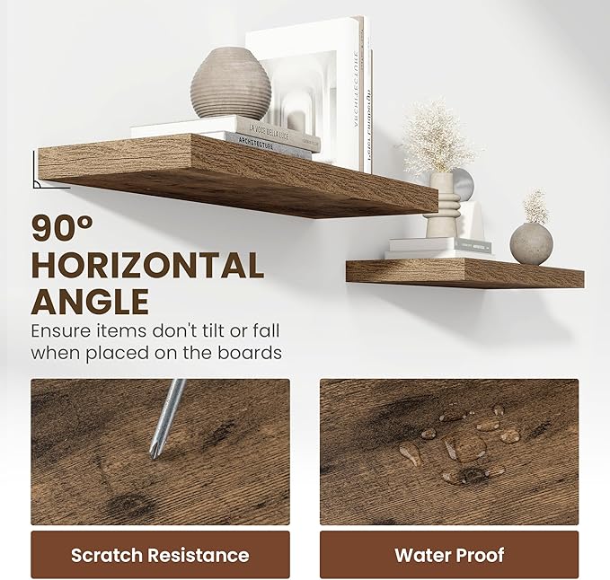 36 Inch Floating Shelves, 11.6 Inch Deep Floating Shelves for Wall, Floating Shelf with Invisible Brackets, Deep Shelves for Bathroom, Bedroom, Living Room, 2 Pack, Brown