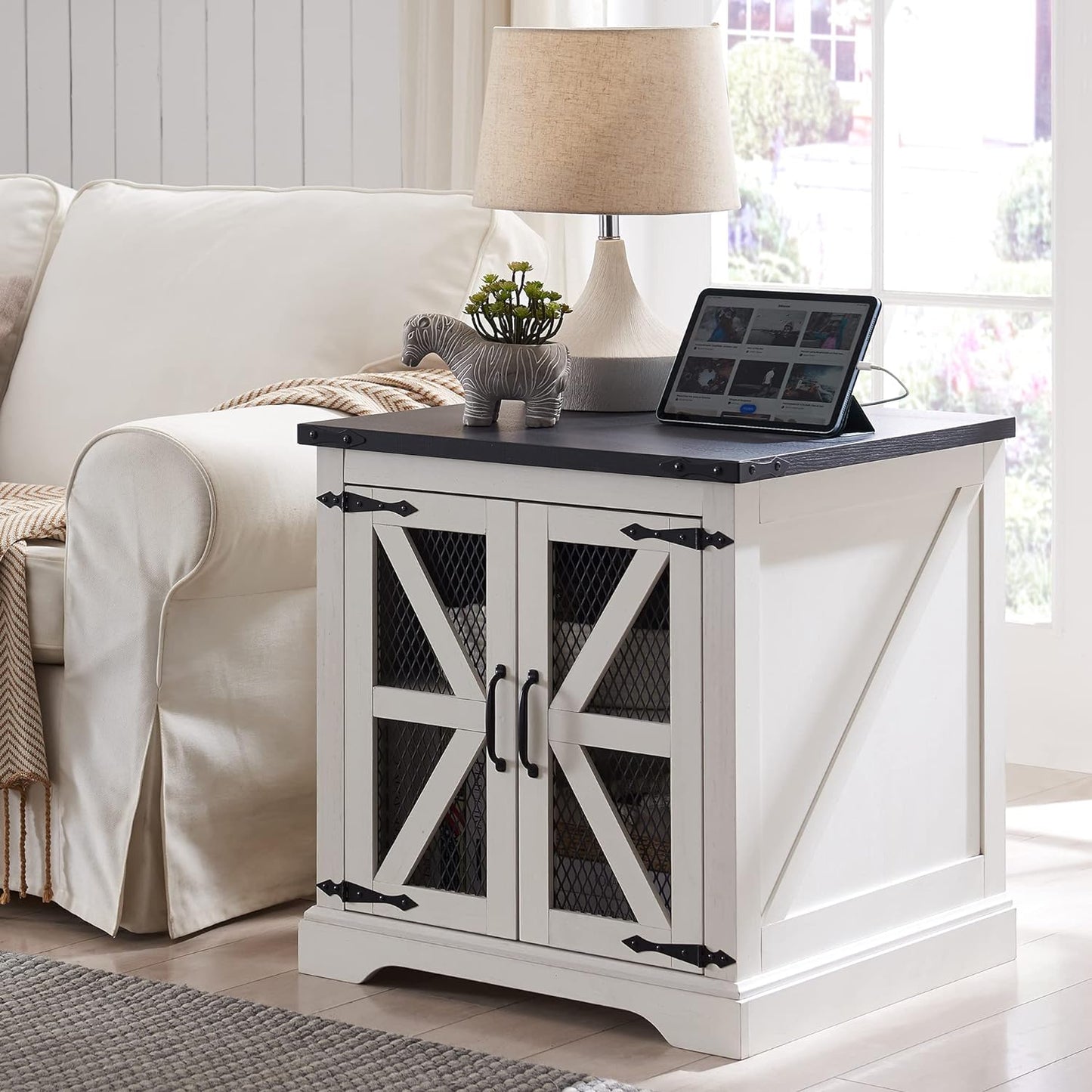 JXQTLINGMU Farmhouse End Table, 24" Large Sofa Side Table with Charging Station, Mesh Barn Door, and Adjustable Storage Shelf, Rustic Wood Square Nightstand for Living Room, Bedroom, Office, White
