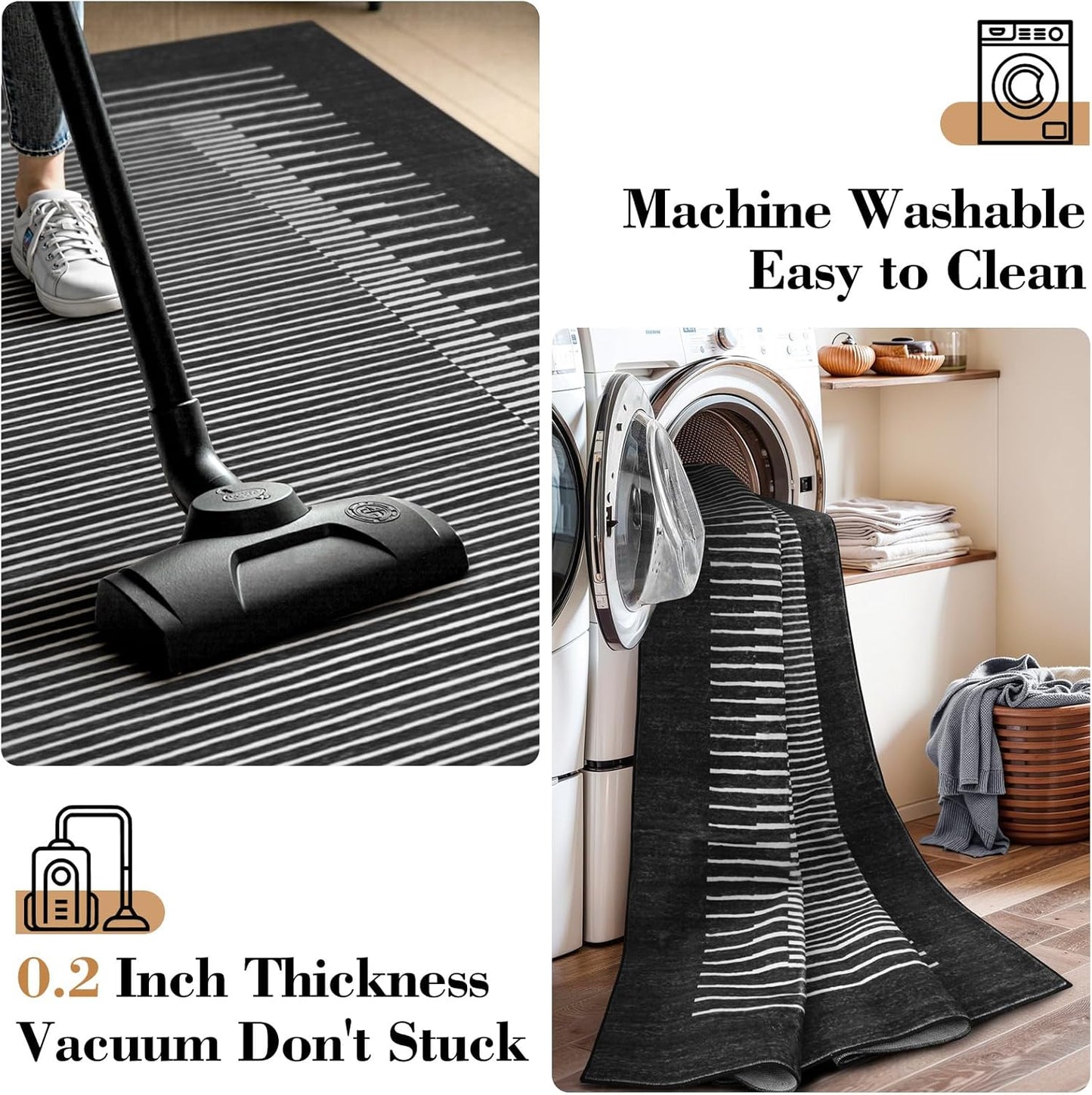 Wonnitar Washable Striped 5x7 Washable Area Rug, Non-Slip Black Berber Stripe Rugs for Living Room, Low Pile Minimalist Floor Carpet Rugs for Bedroom Dining Room Home Office (Black,5' x 7')