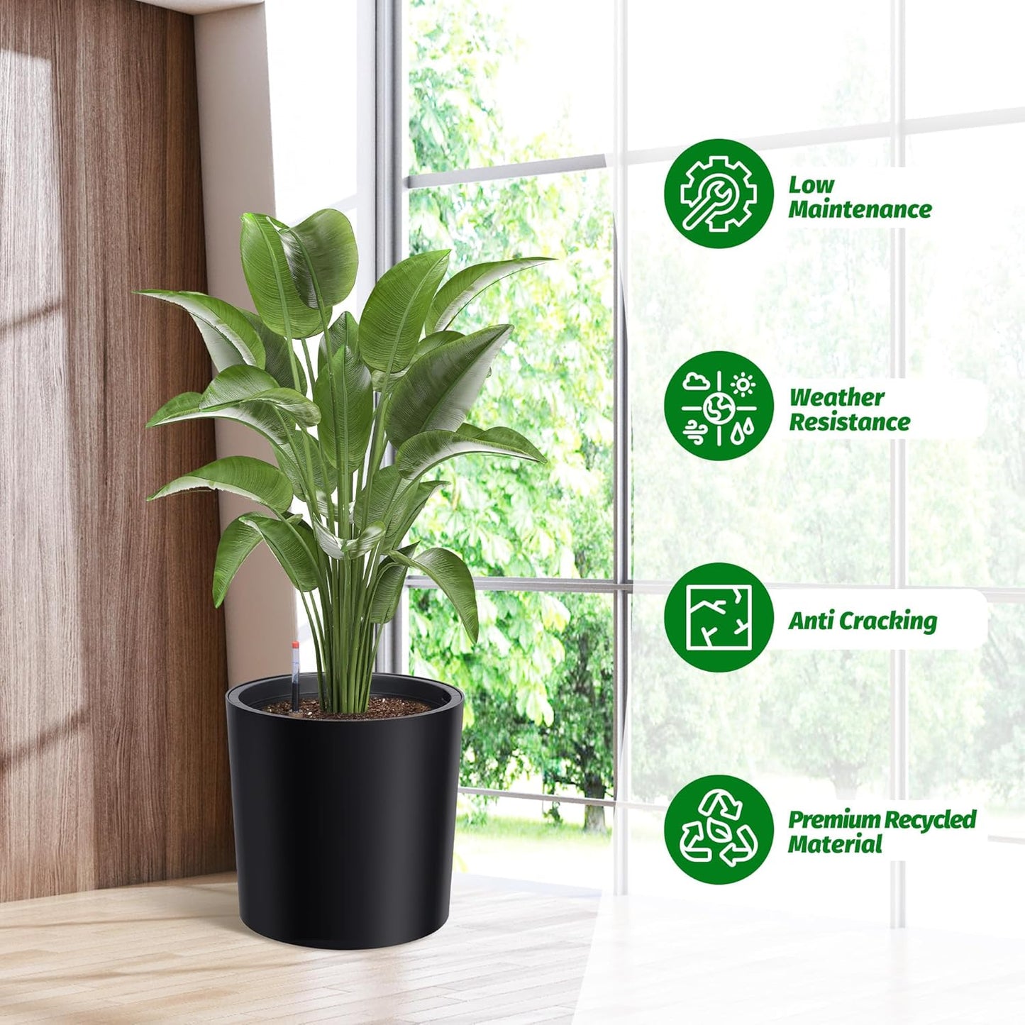 Tall Round Planter Set of 2, 19.5‘’ H x 19.9" Dia Large Planters for Indoor Plants with Built-in Drainage and a Water Level Monitor and Wheels for Patio, Porch, Living Room, or Home Office, Black