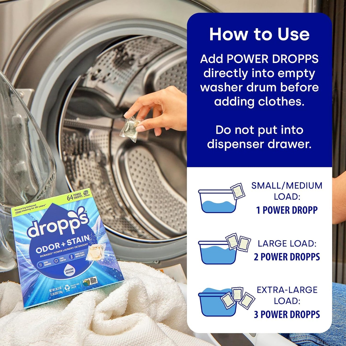 Dropps Odor & Stain Biobased Power Laundry Detergent Pods, Orange Blossom (64 Pods) - HE Compatible Laundry Pods for Fresh Clothes – Laundry Soap Supplies & Recyclable Paperboard Packaging