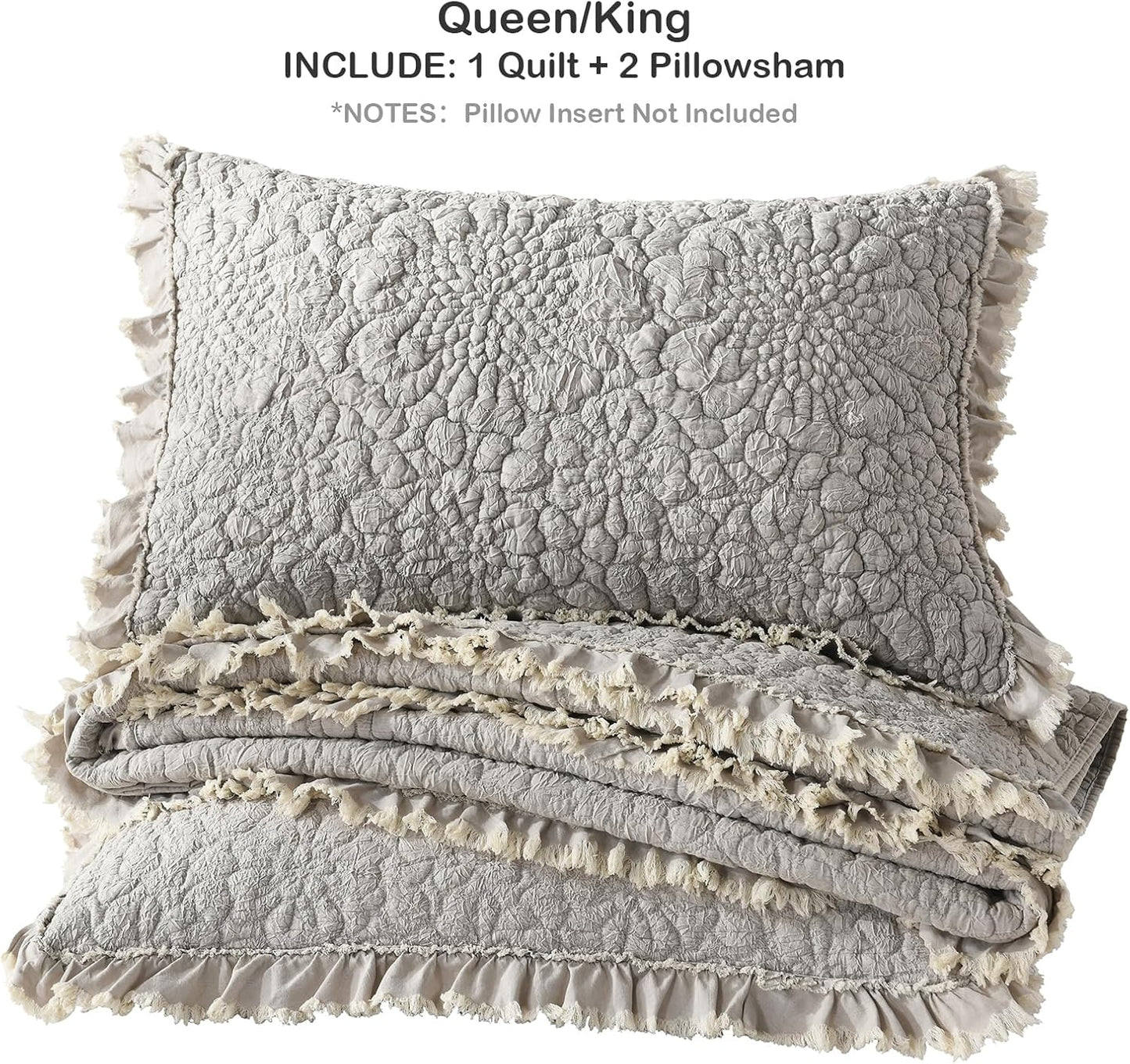 HORIMOTE HOME Beige Ruffled Quilt King Size, Stone-Washed Microfiber Lightweight Crinkled Farmhouse Rustic Shabby Chic Bedding Set, 3 Pieces Reversible Bedspread with Pillow Shams for All Season