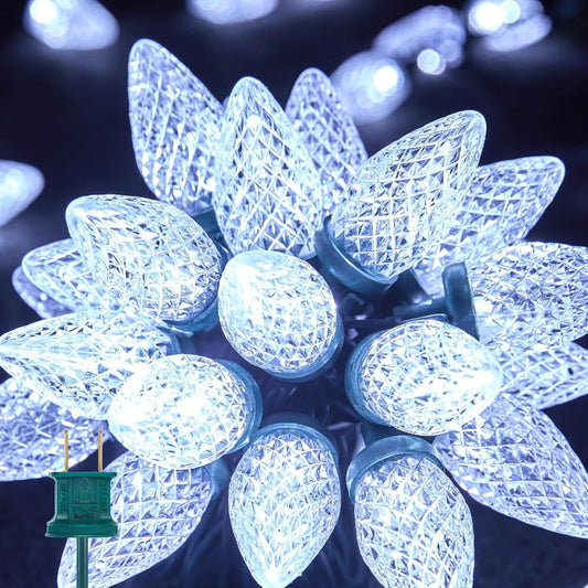 Brightown C9 LED Christmas String Lights, 33ft 50 LED Waterproof Strawberry String Lights, Plug-in Extendable Green Wire Lights String for Outdoor Indoor Patio Party Decoration (White)