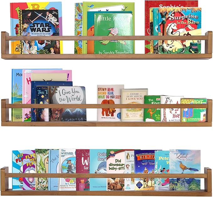 AZSKY Light Walnut Nursery Book Shelves 36 in Floating Wall Mounted Bookshelf Kids Room Hanging Shelves Toddlers Toys Books Storage Organizer a Set of 3