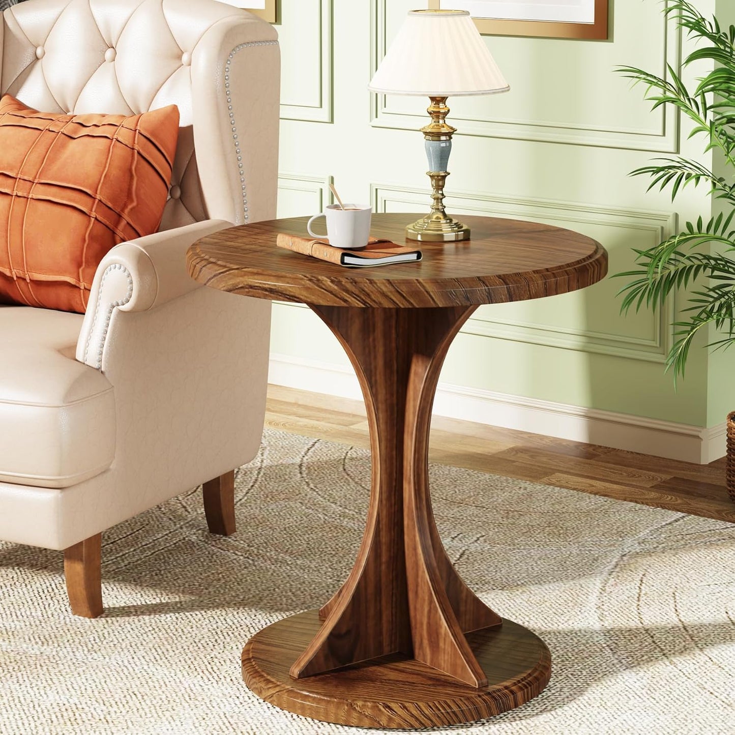 Tribesigns Round End Side Table: Wood Small Sofa Chair Side Table for Living Room, Mid-Century Bedside Nightstand for Bedroom, Accent Table, Easy Assembly, Vintage Brown